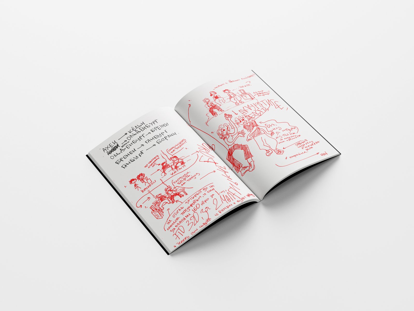 Comic draft open on red sketch pages