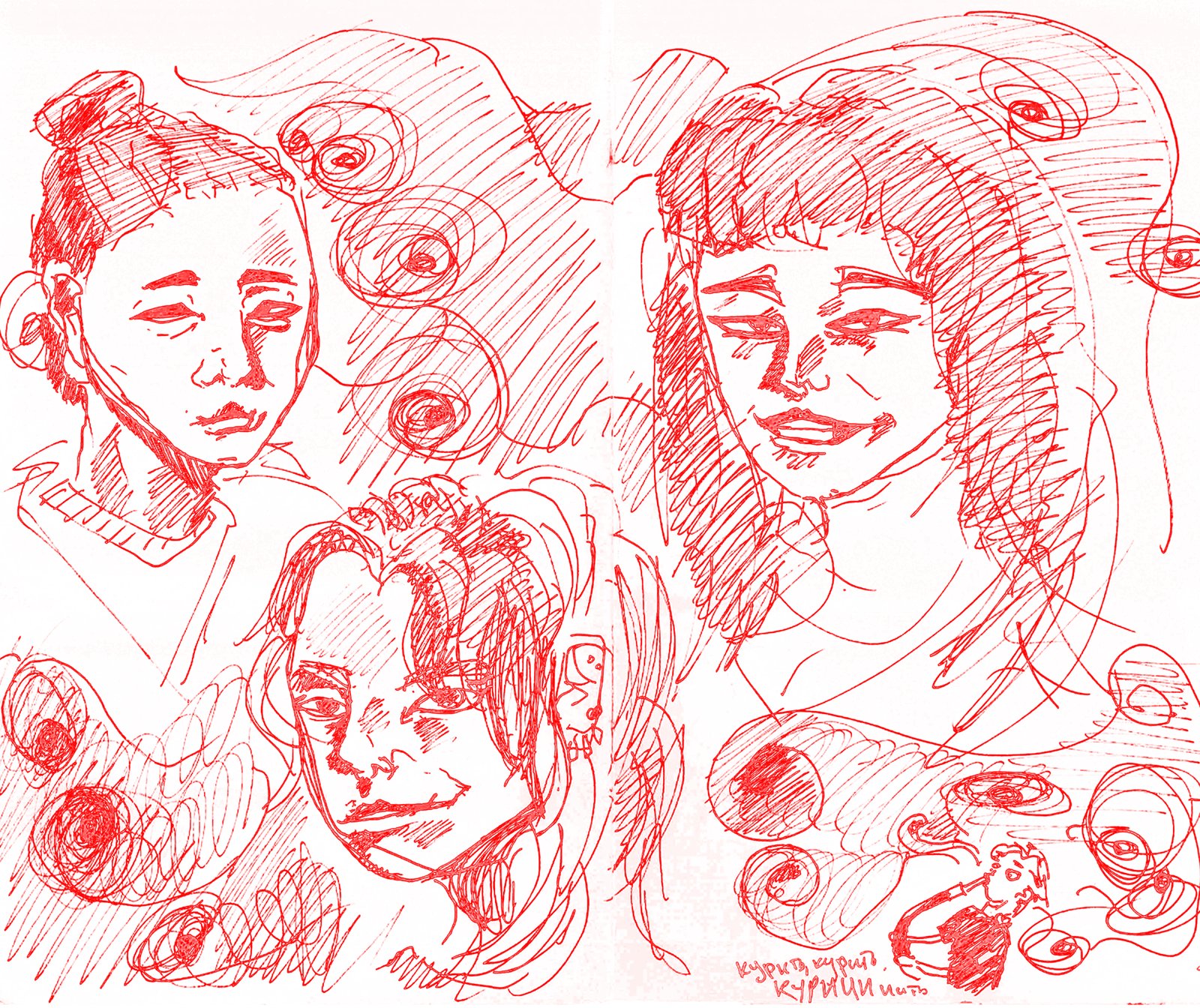 Storyboard sketch page drawn in red ink