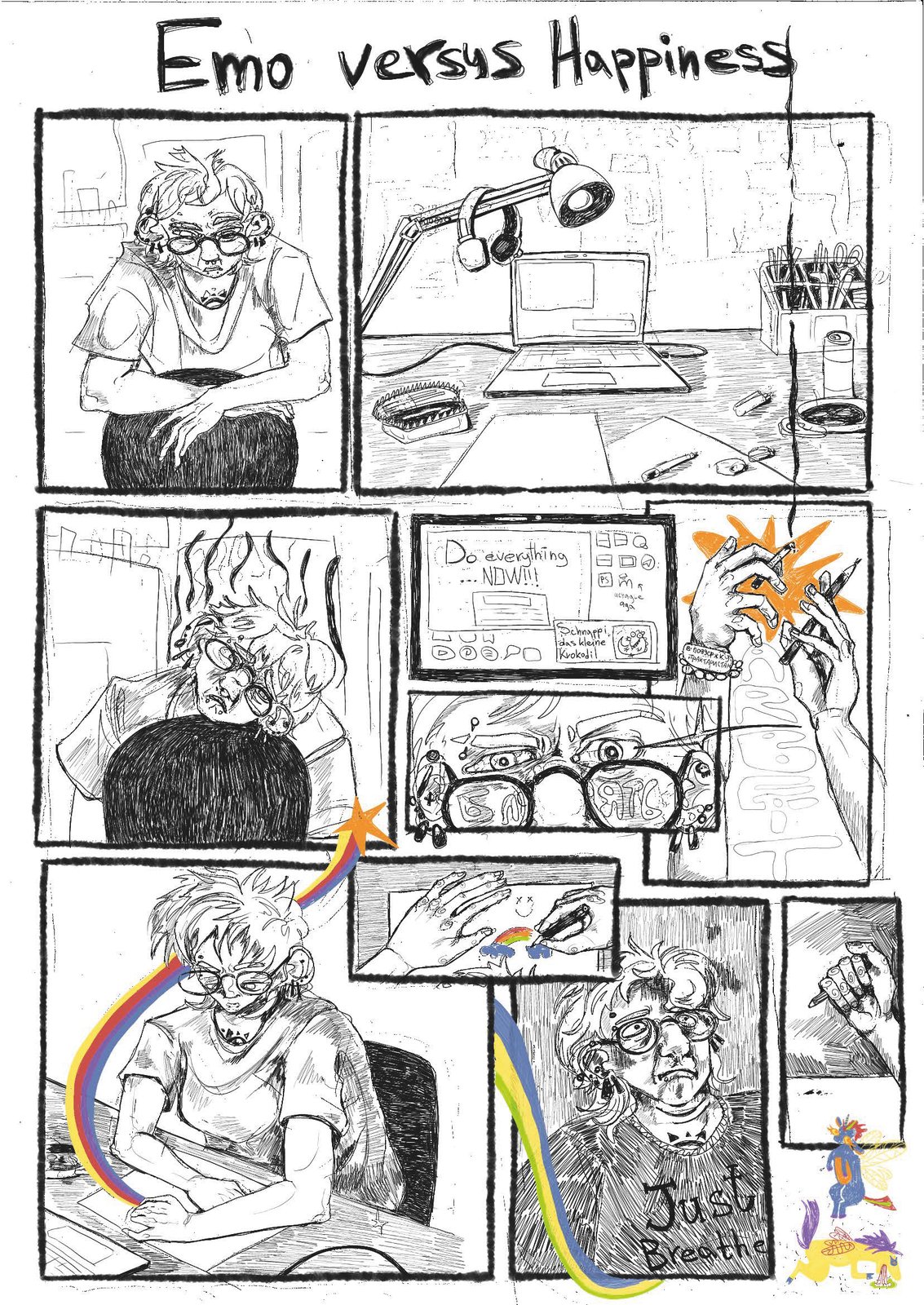 Ballpoint comic page Emo versus Happiness, an artist at a desk
