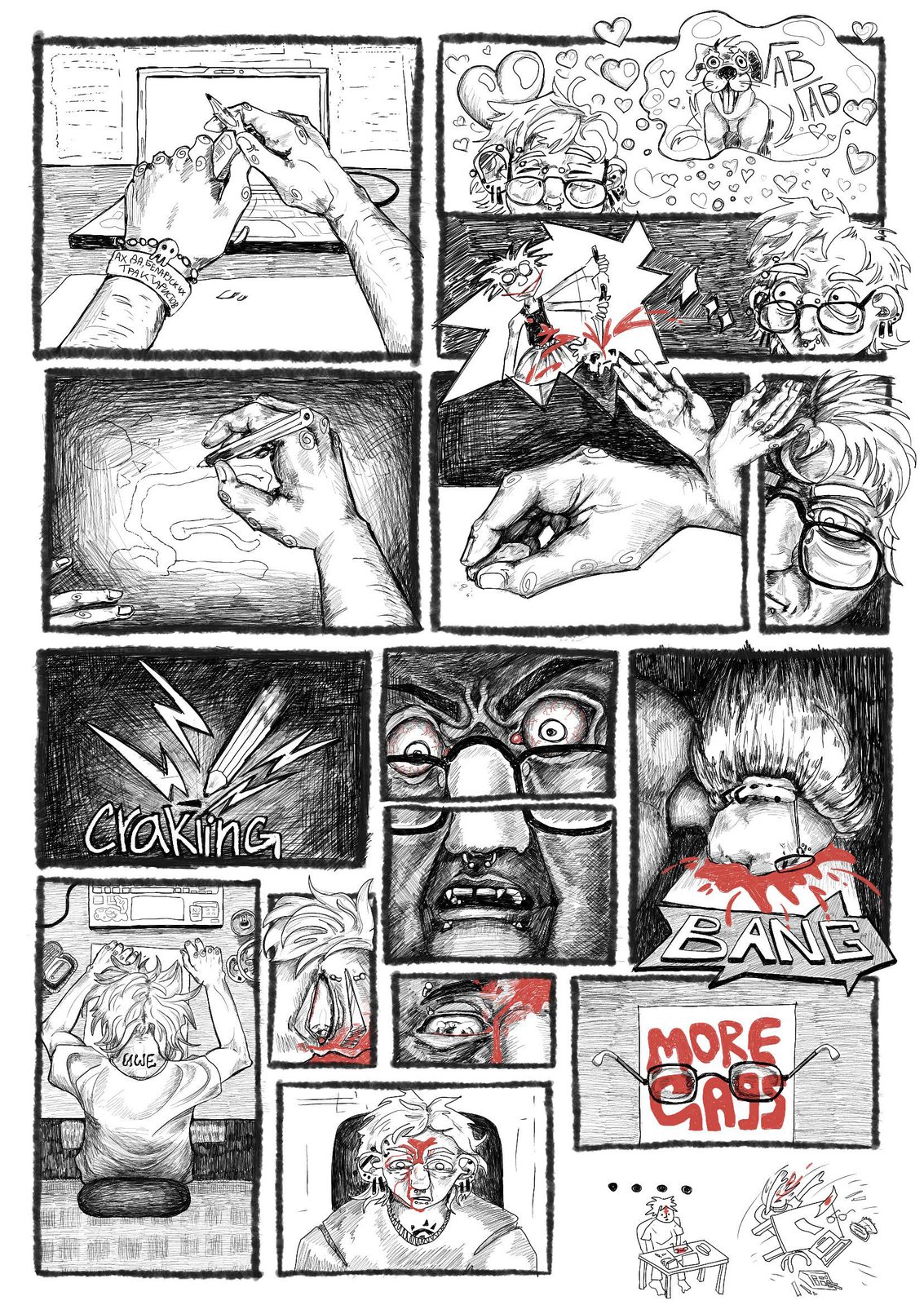 Second page of Emo versus Happiness with drawing hands and shouting faces