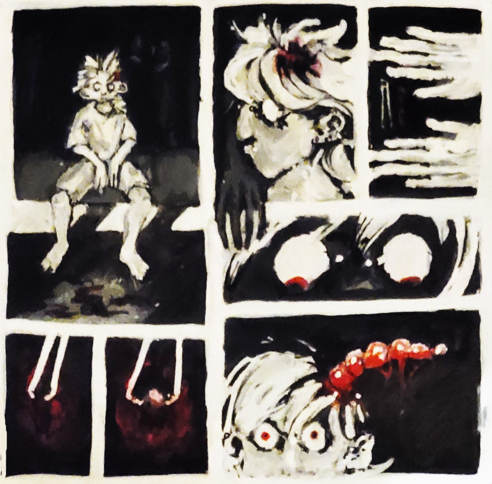 Dark painted comic page Rotting with a small figure sitting on a ledge and staring eyes