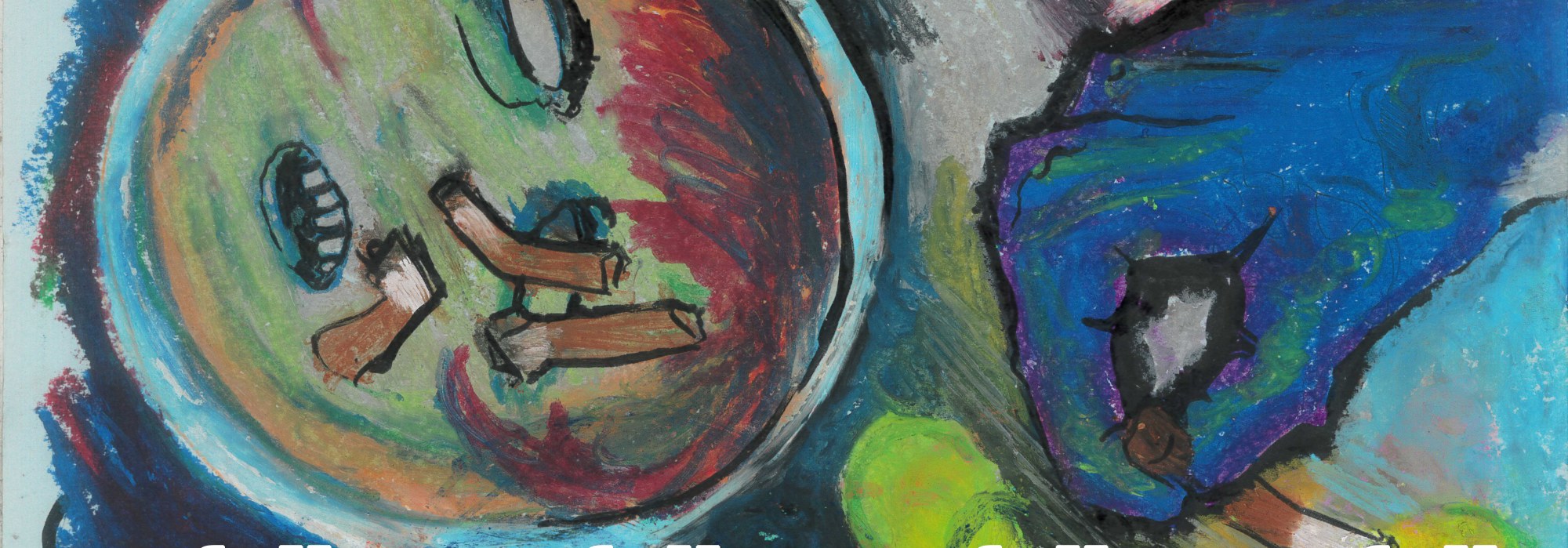 Cover painting: an oil pastel ashtray full of cigarette butts next to a blue dog