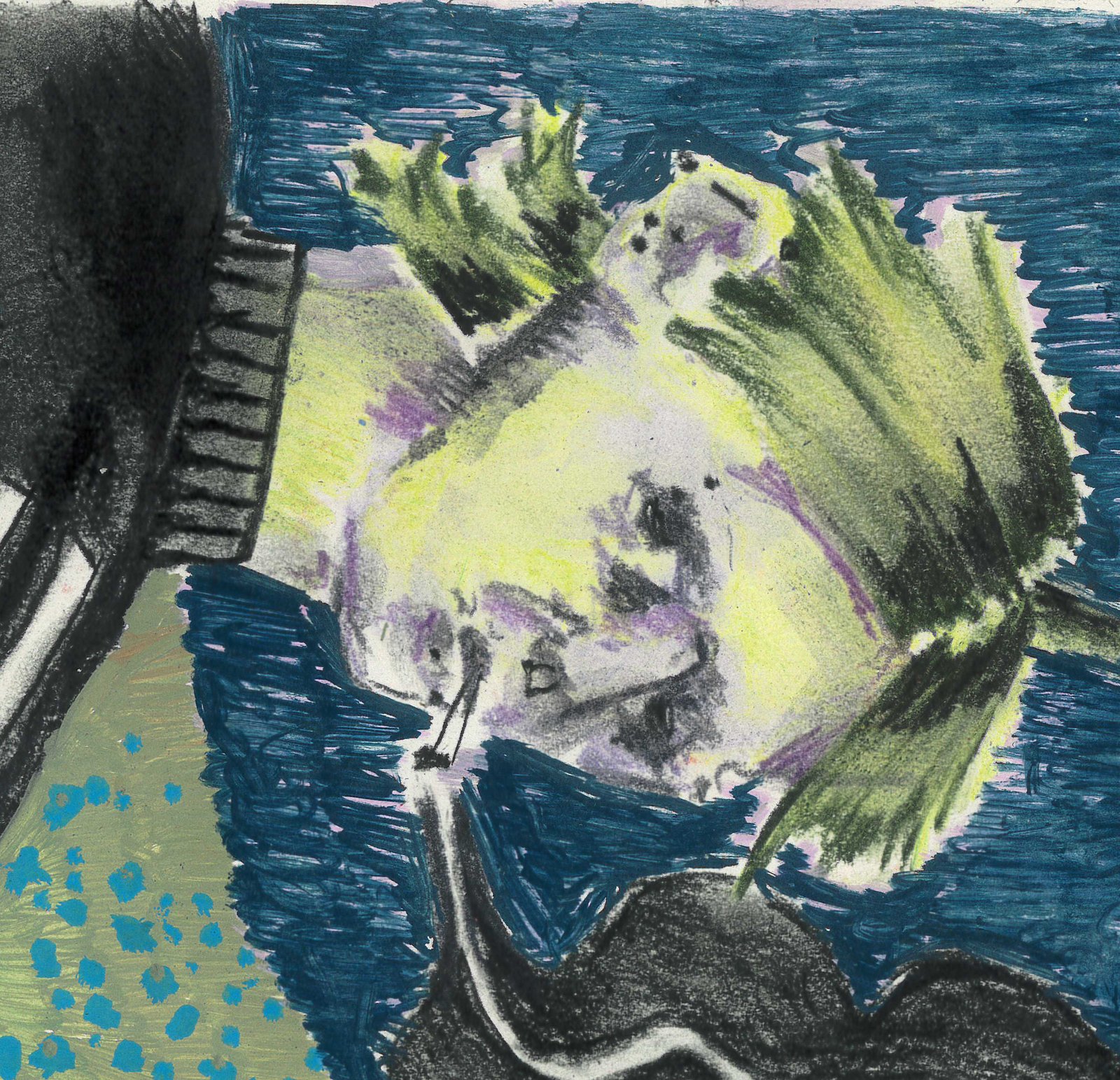 Self-portrait in oil pastel, green face on blue background