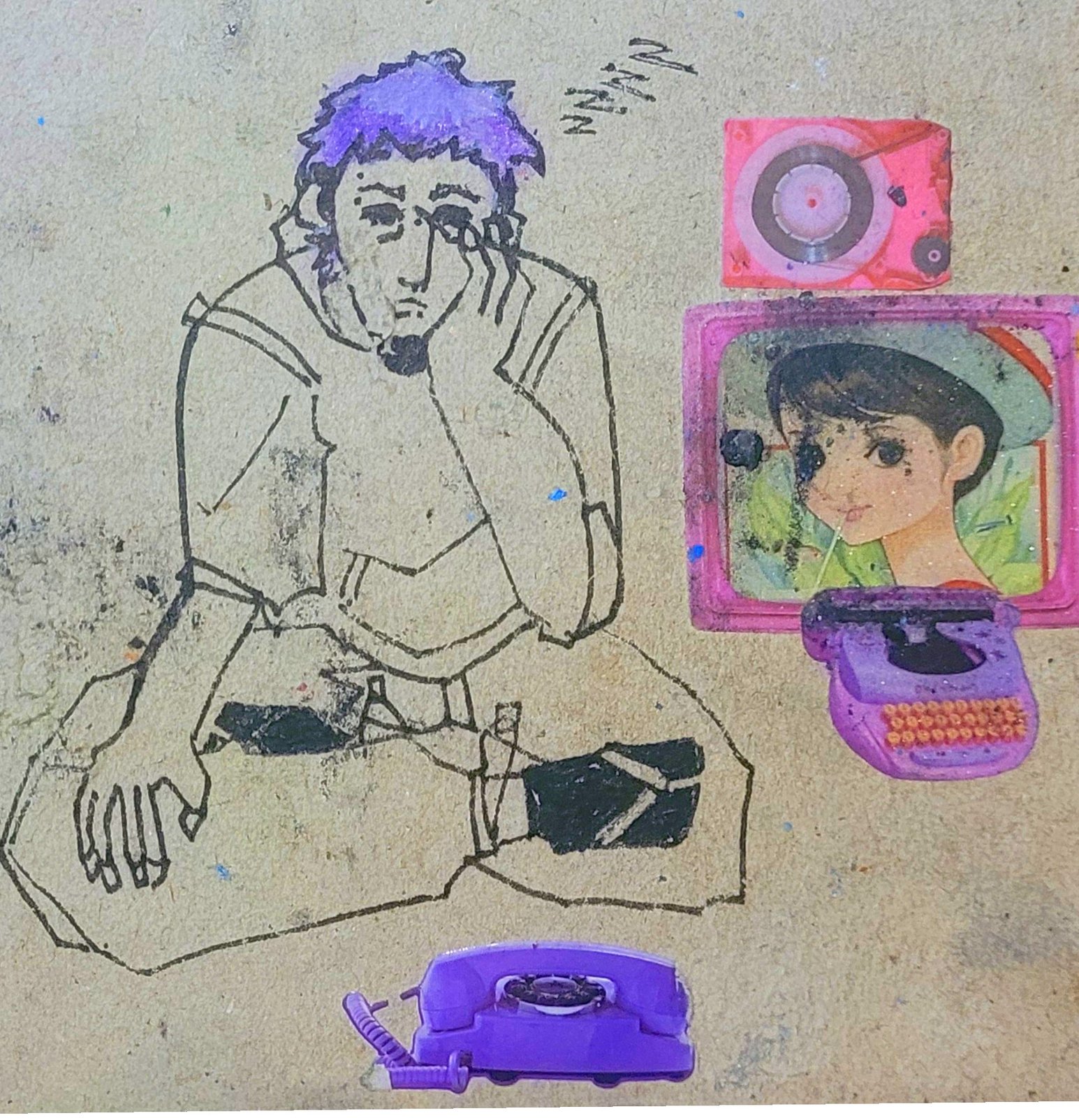 Drawing of a figure sitting cross-legged next to a purple TV and telephone