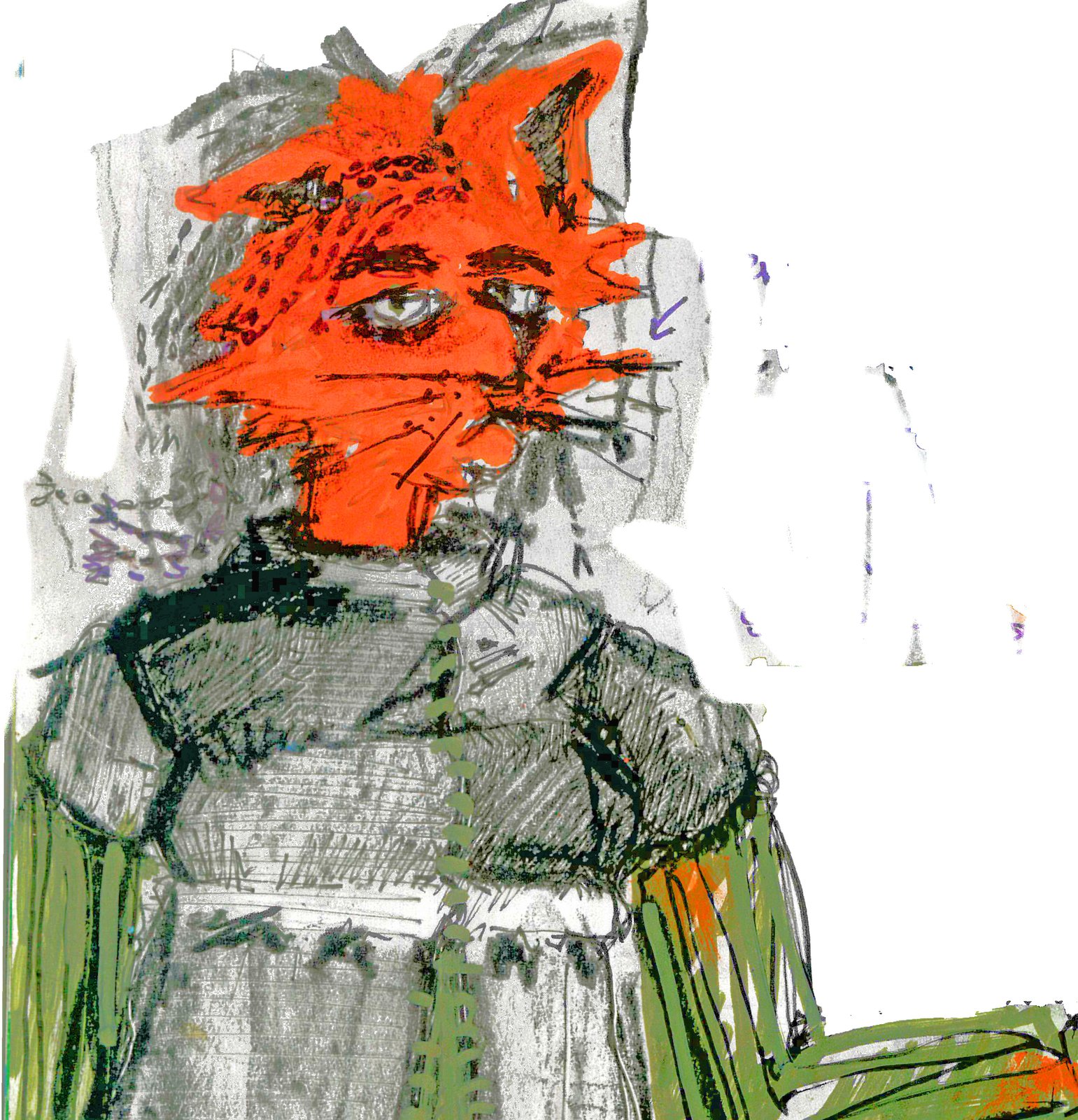 Figure with an orange fox head drawn in expressive strokes