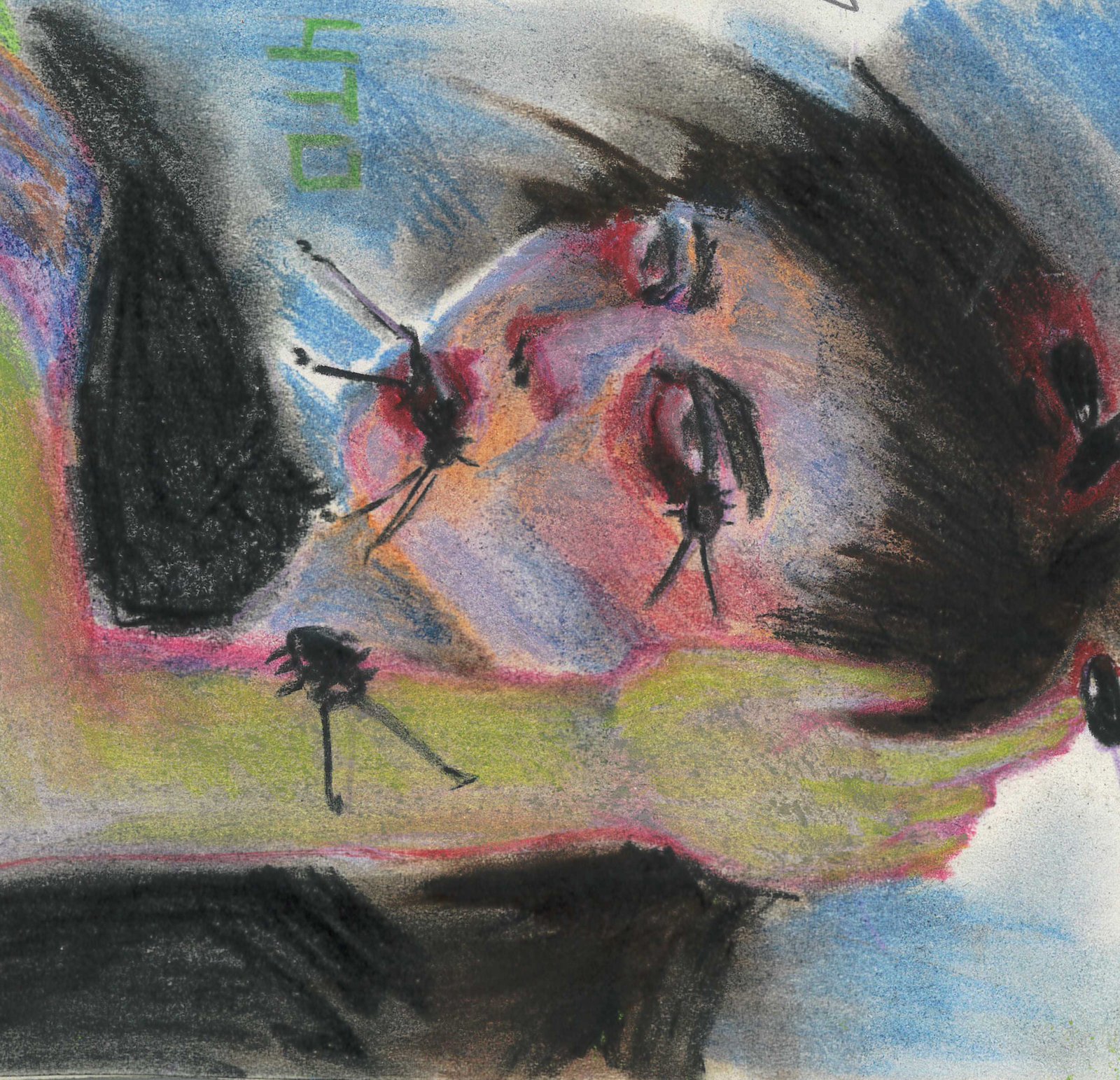Expressive pastel portrait with dark hair on blue and green