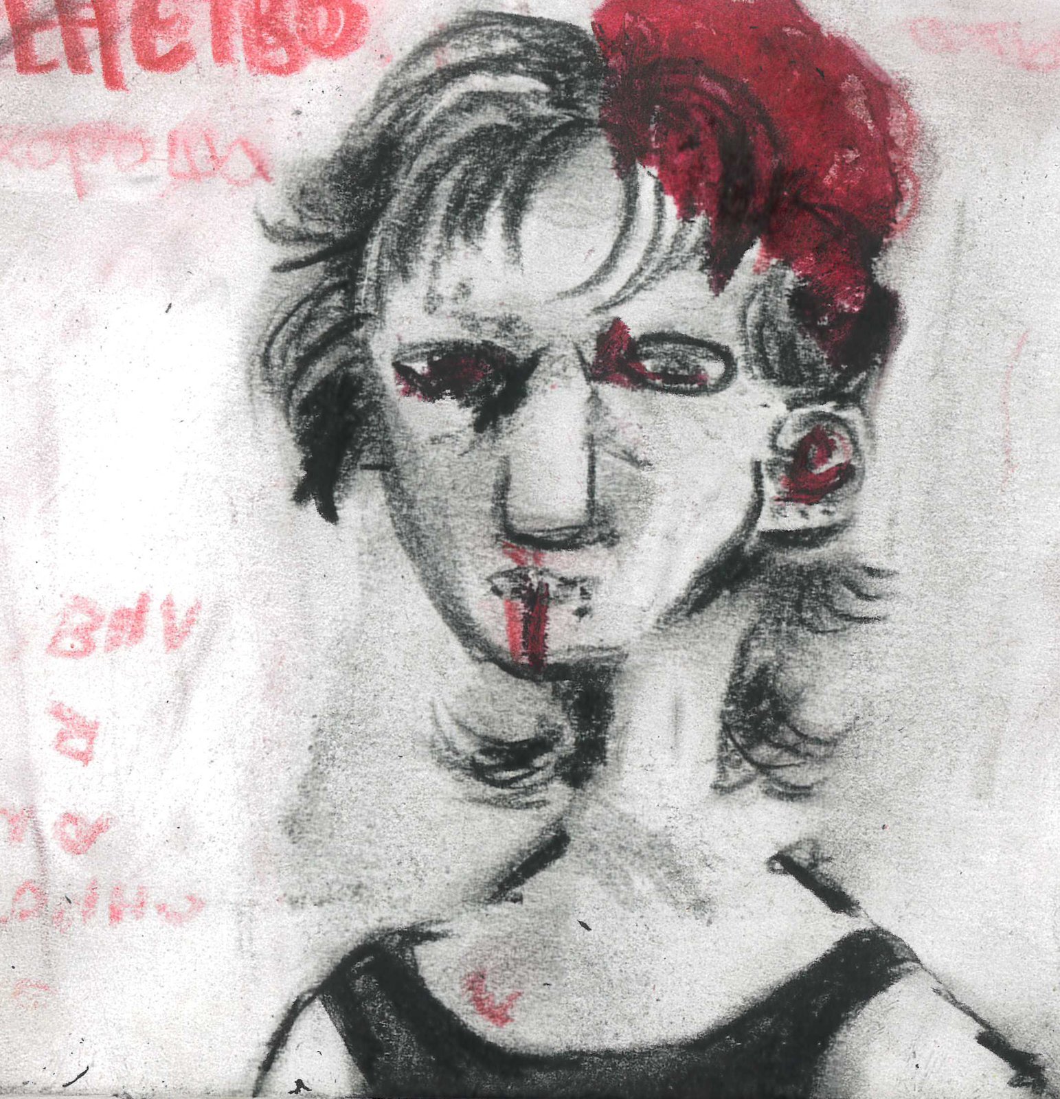 Charcoal self-portrait with red accents