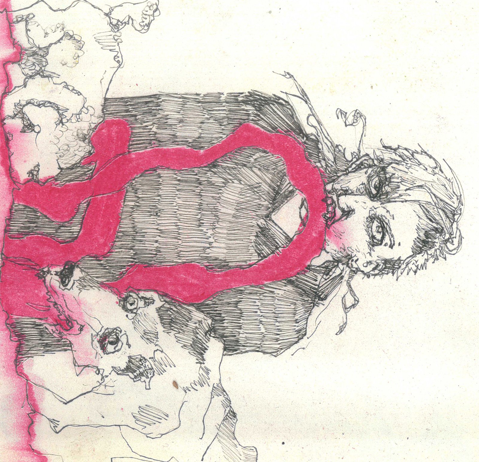 Portrait of a figure in a pink sweater, ink and pastel