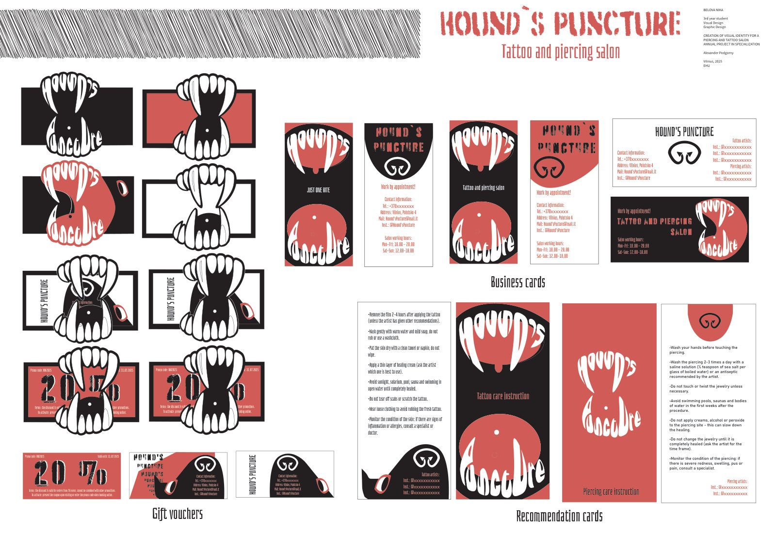 Board with Hound's Puncture business cards, gift vouchers and care instruction cards