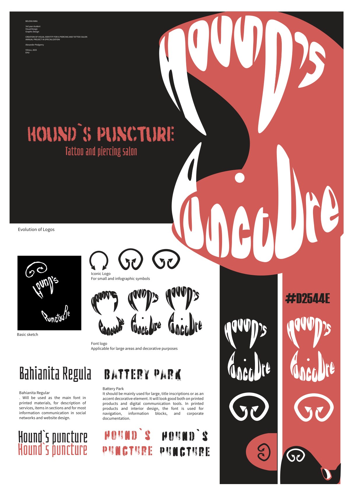 Identity board for Hound's Puncture tattoo salon: fanged logo evolution, font logos, red and black cards
