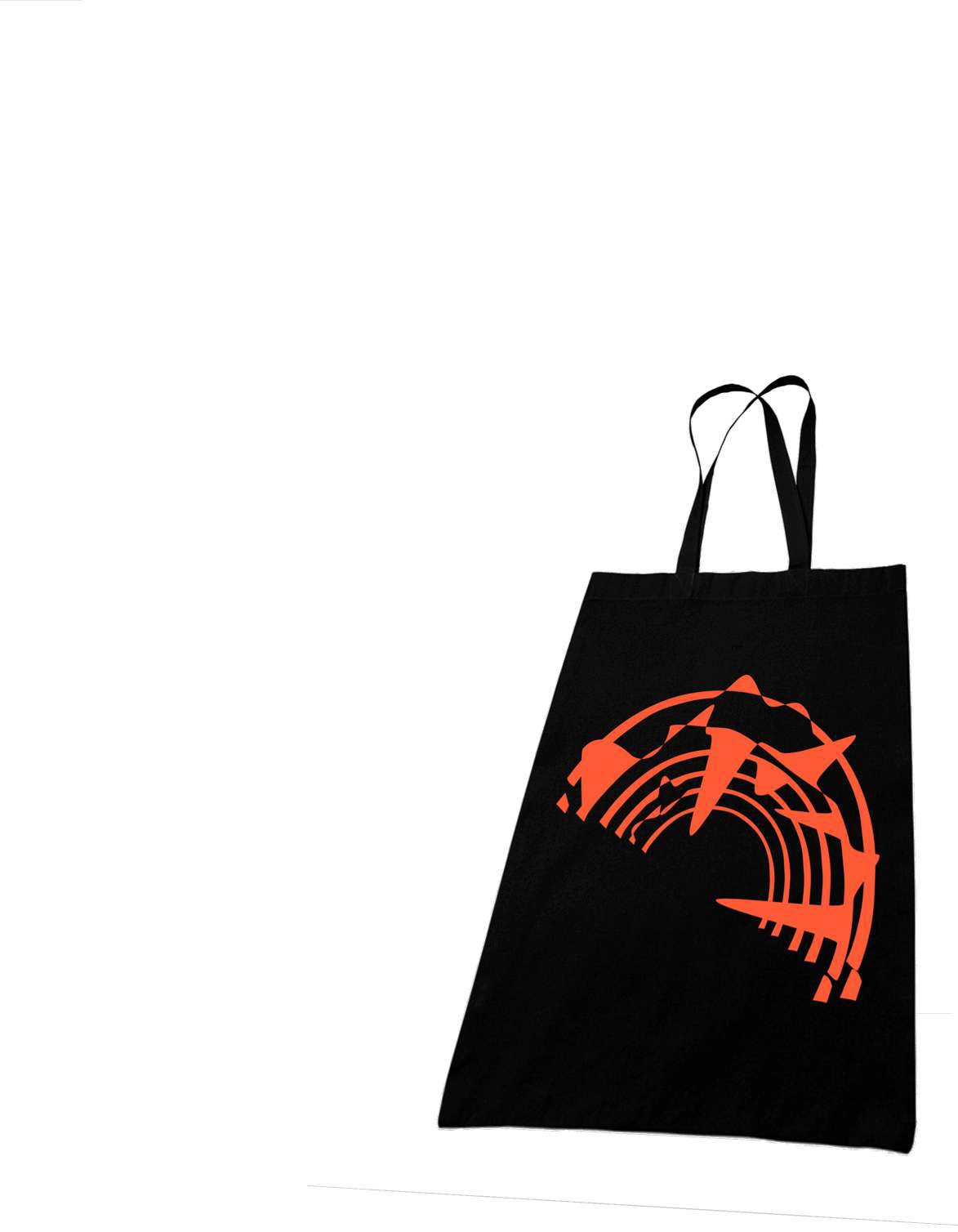Black tote bag with orange fang print