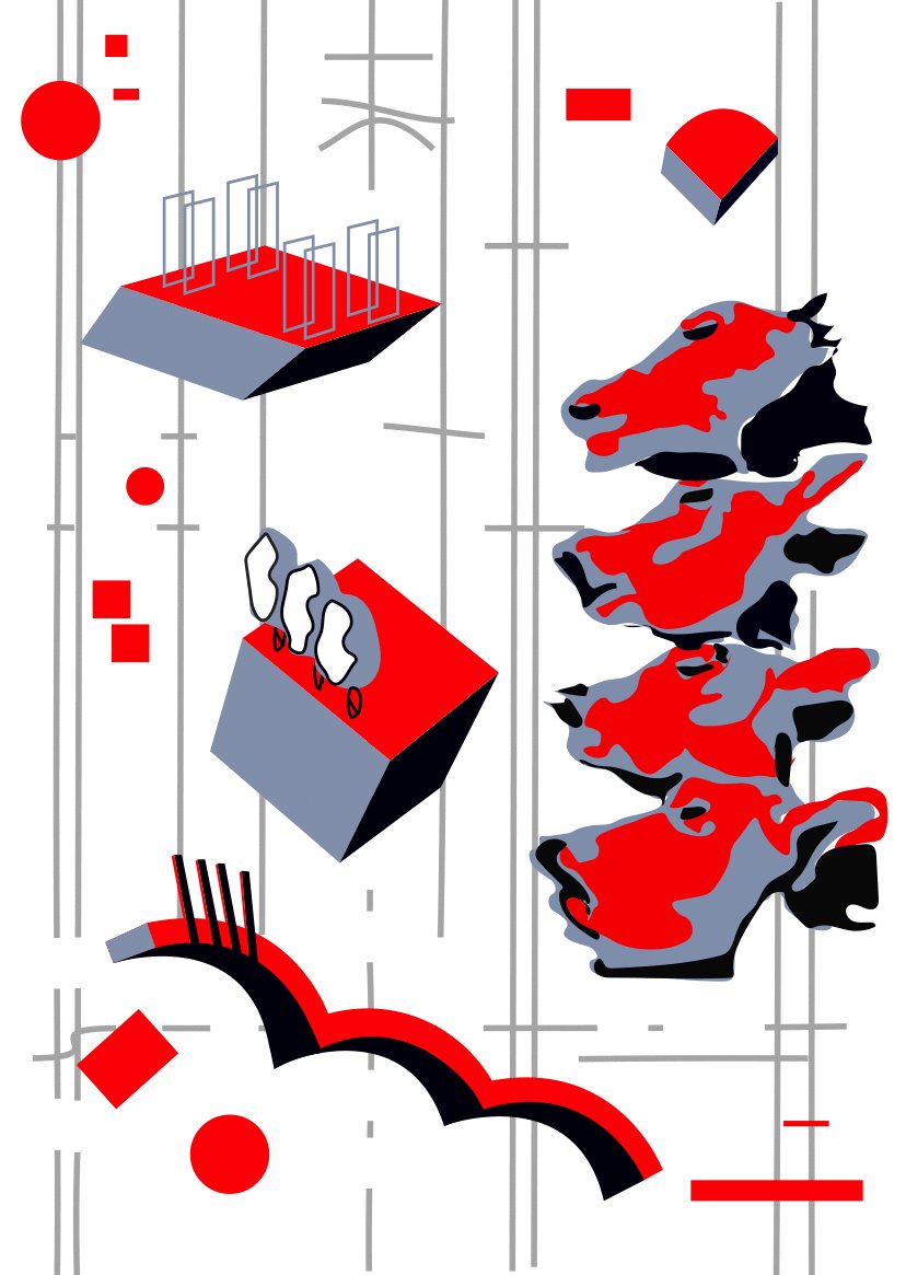 Red and black constructivist postcard with cows