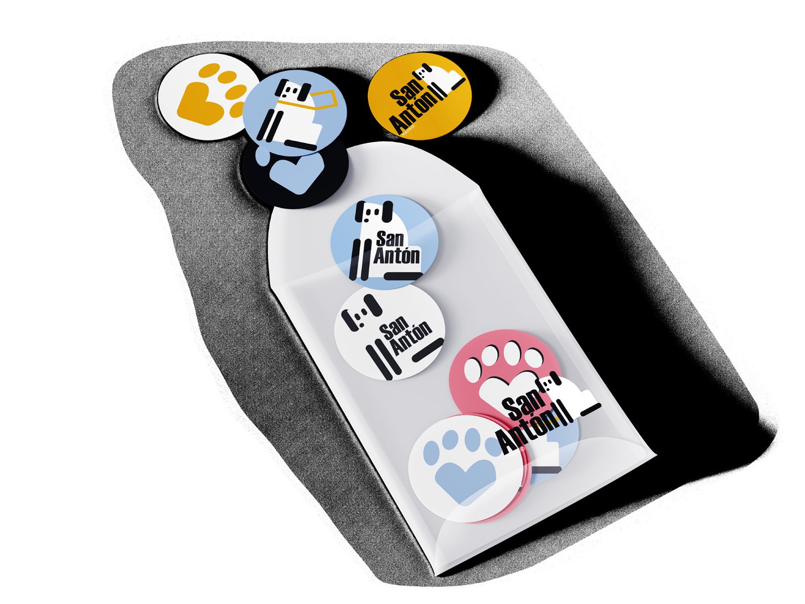 Round badges with paw prints and logo
