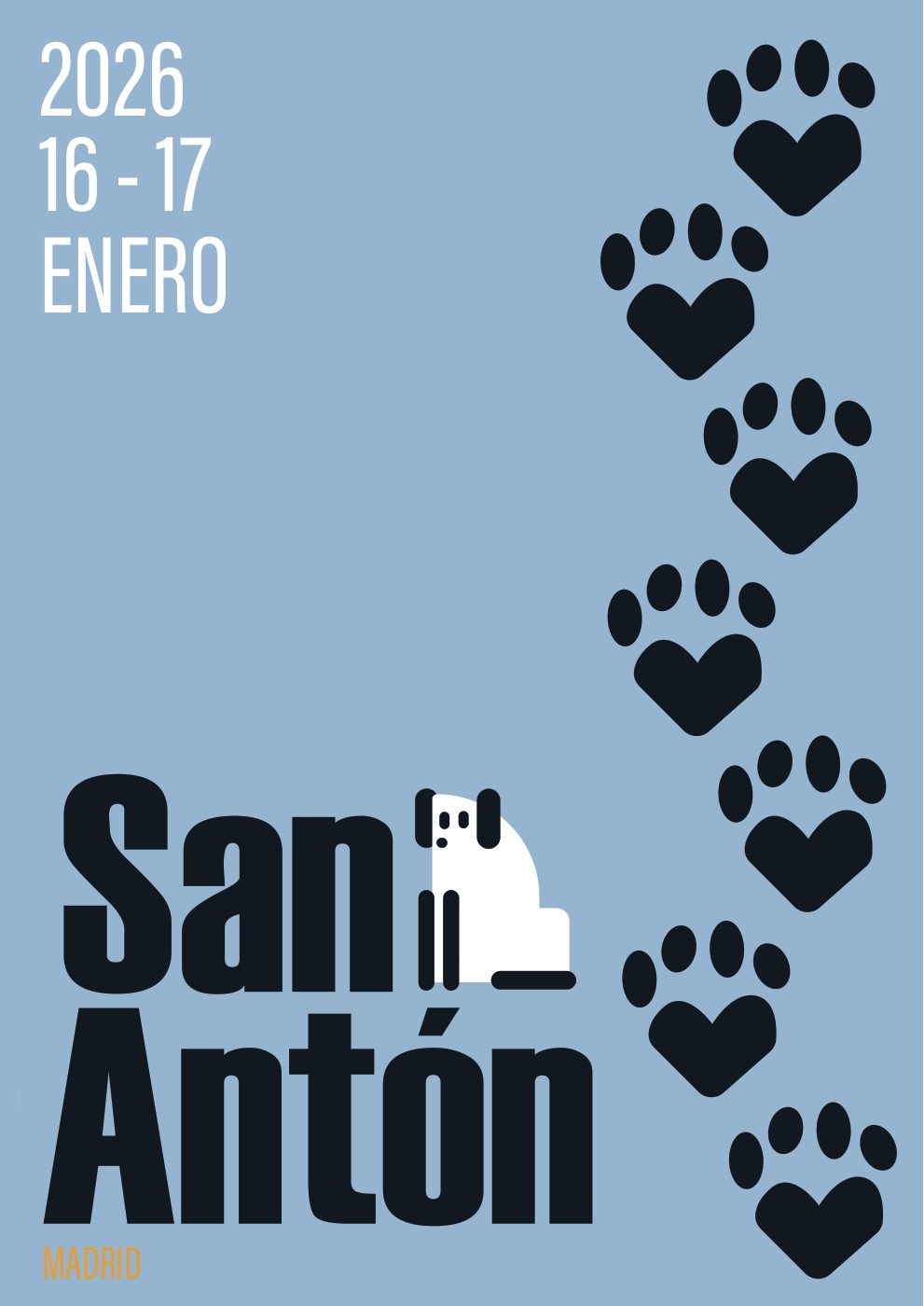 Blue San Antón poster with a trail of black paw prints
