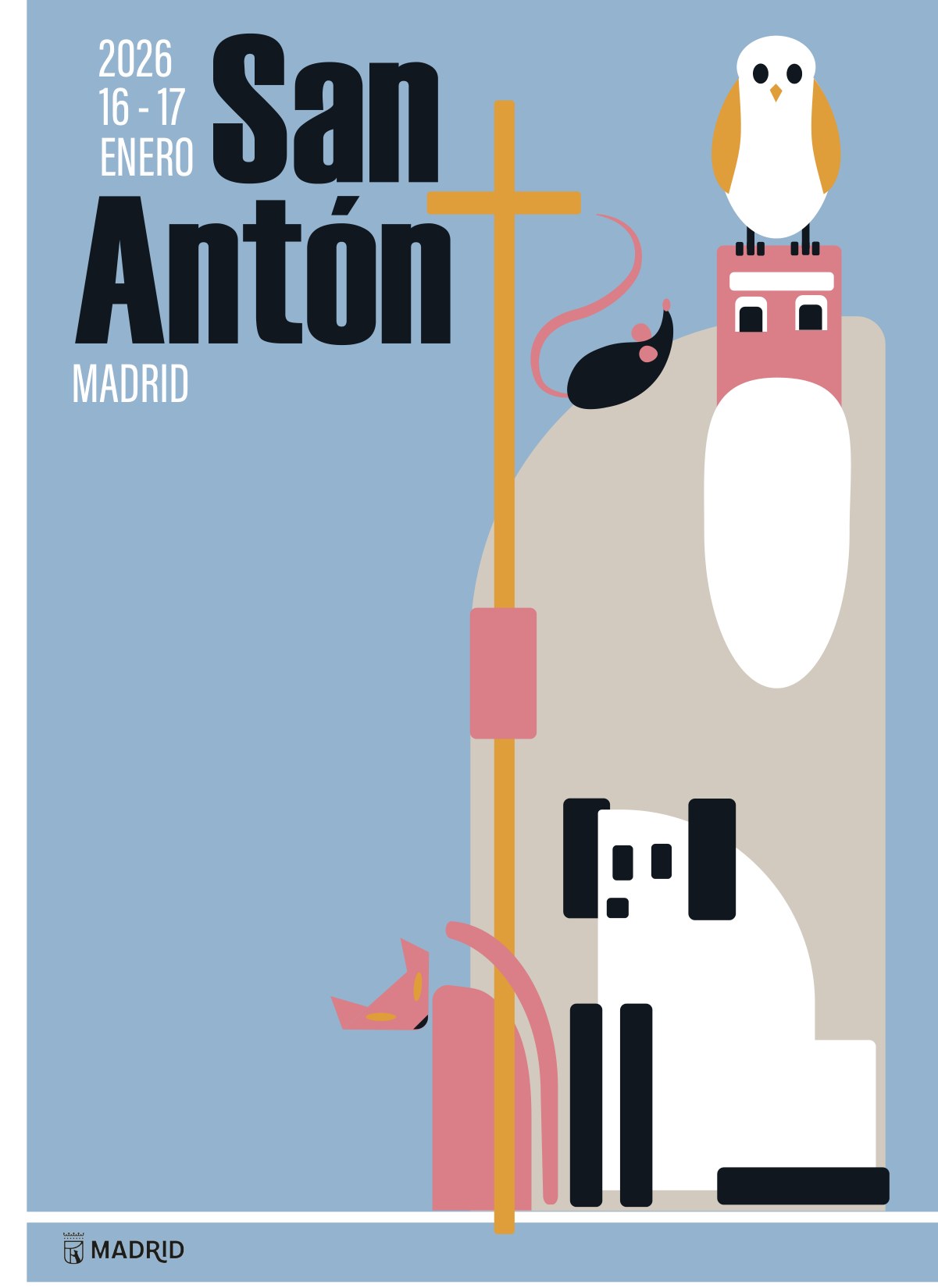San Antón festival poster: geometric dog, bird and rat around a yellow staff on blue