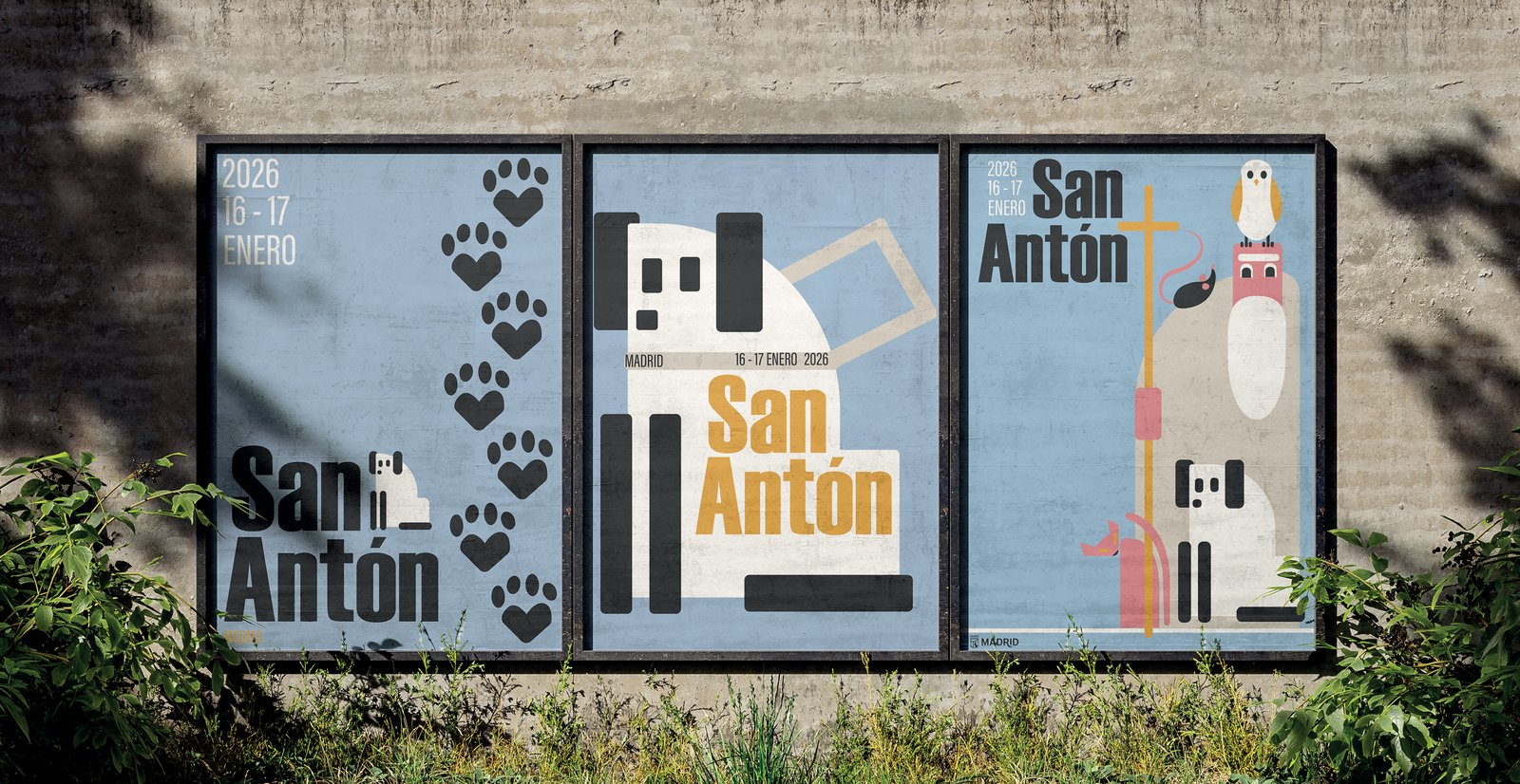 Three San Antón posters pasted on a concrete wall