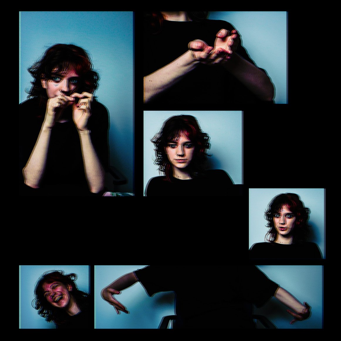 Collage of blue-lit photos of a laughing student