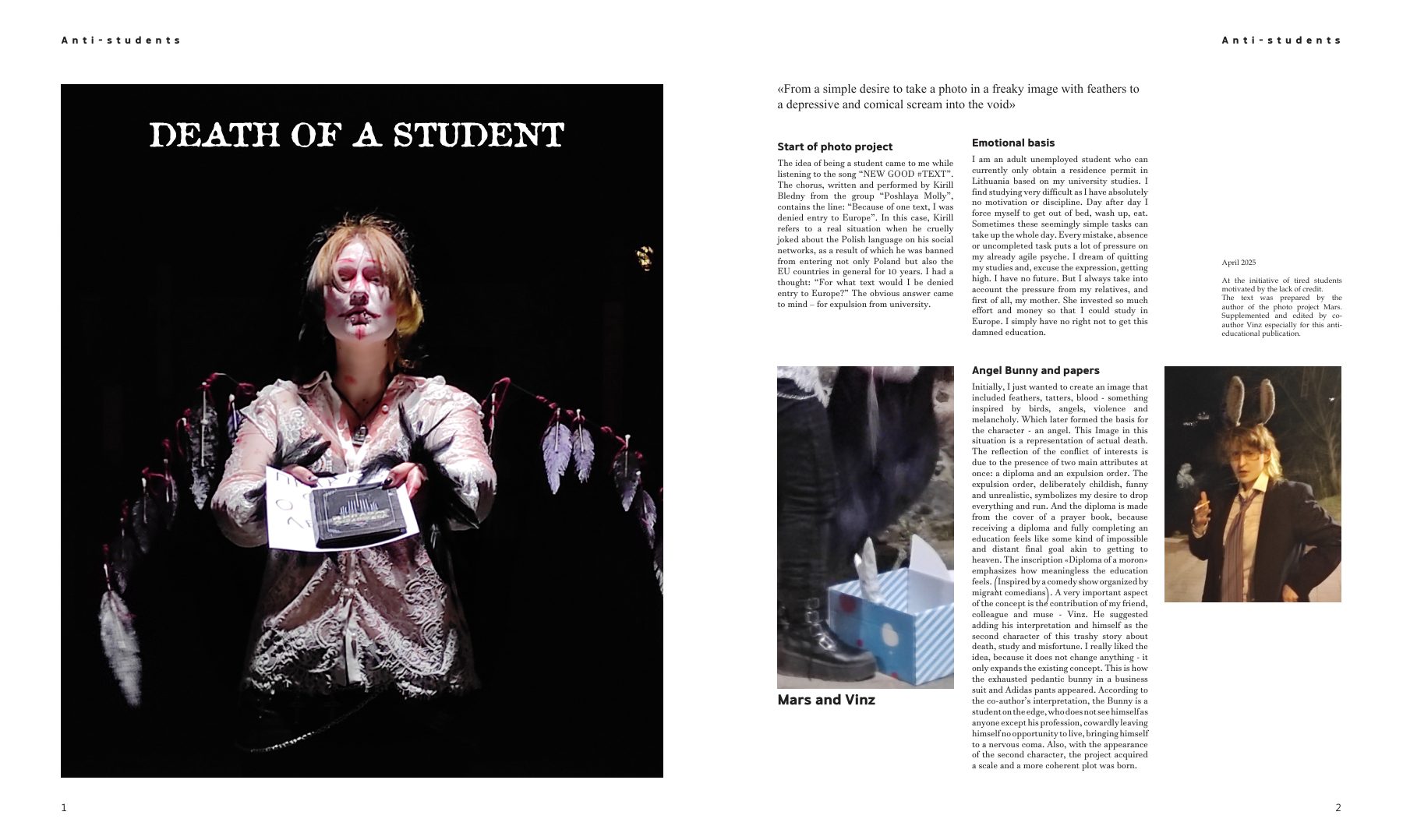 Spread of the Death of a Student zine with the angel photo and article columns