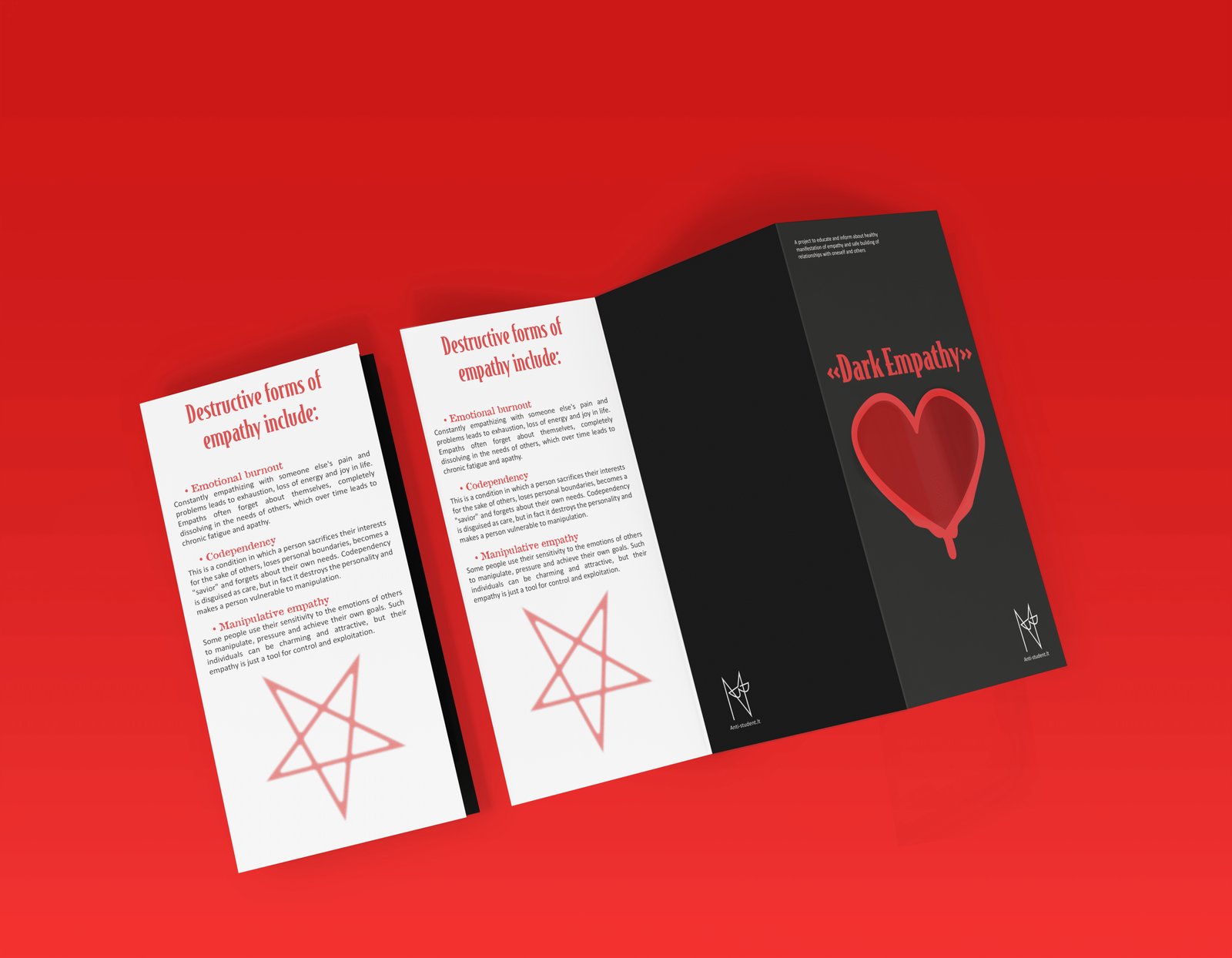 Black accordion booklet with a red spray-painted heart, on a red background