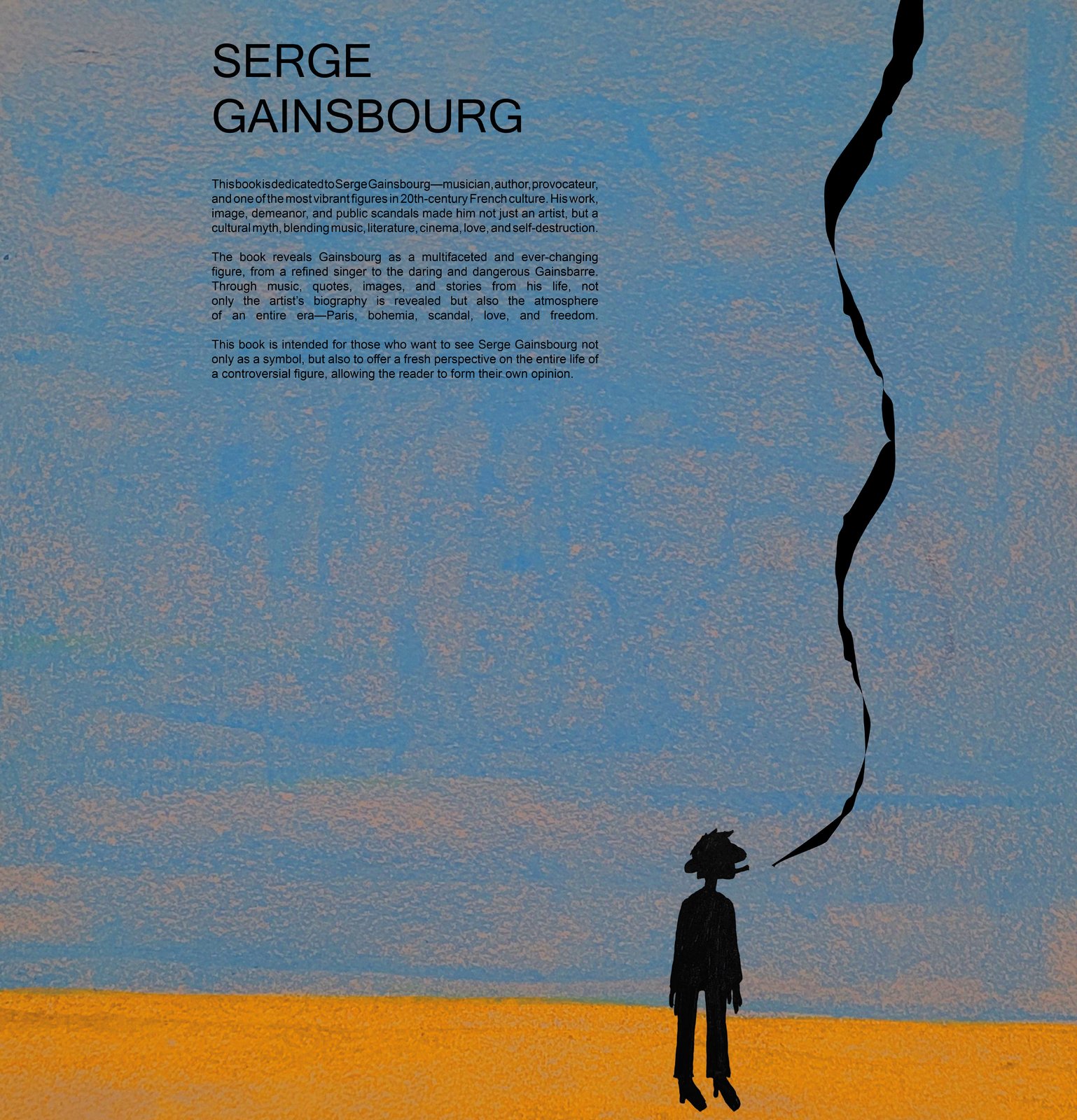 Blue and sand colored spread with a small silhouette of Gainsbourg and a ribbon of smoke