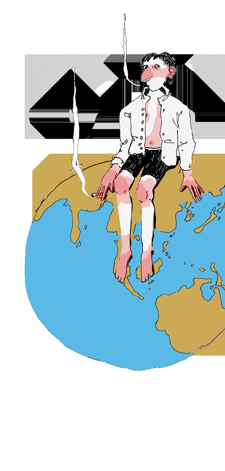 Illustration of a smoking figure sitting on the globe, cover of The Face of the French King