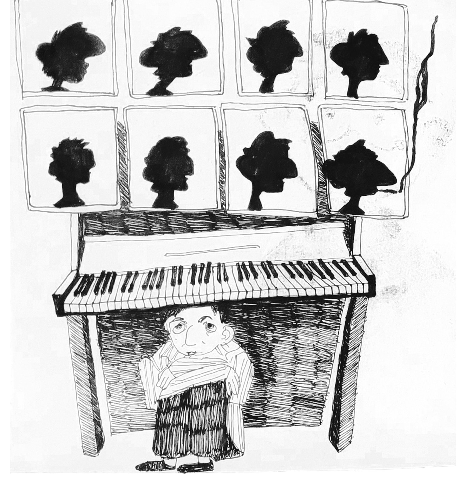 Ink illustration of a man hiding under a piano beneath rows of framed silhouettes