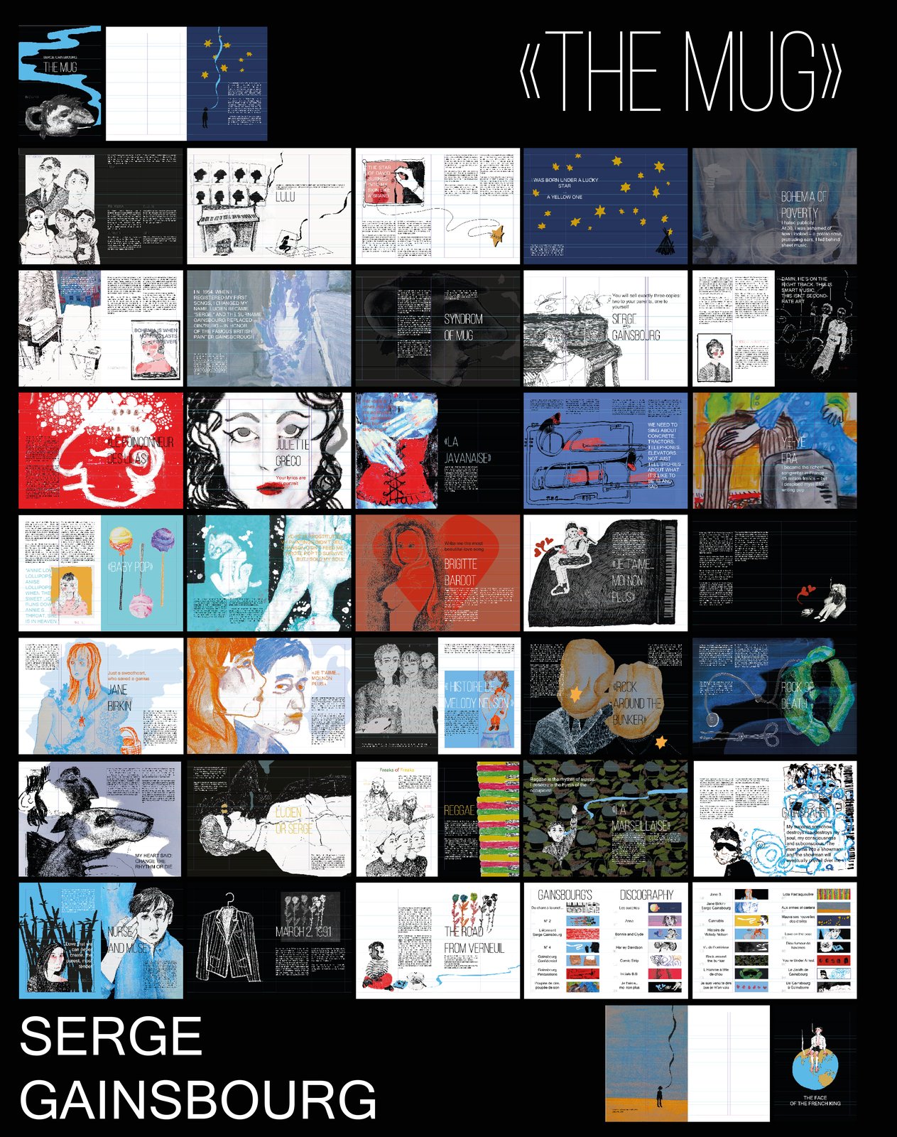 Poster showing every spread of The Mug, a book about Serge Gainsbourg, laid out in a grid on black