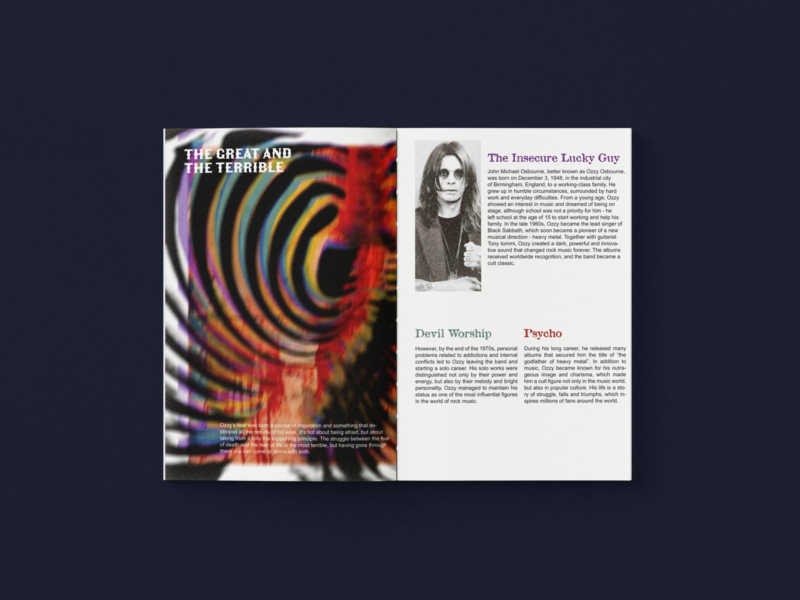Open zine spread with a spiral photo and text columns