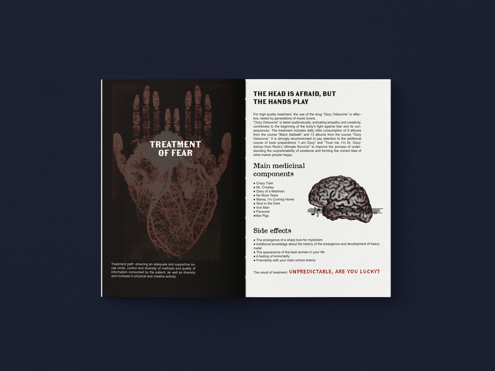 Open zine spread titled Treatment of Fear with engraved hands