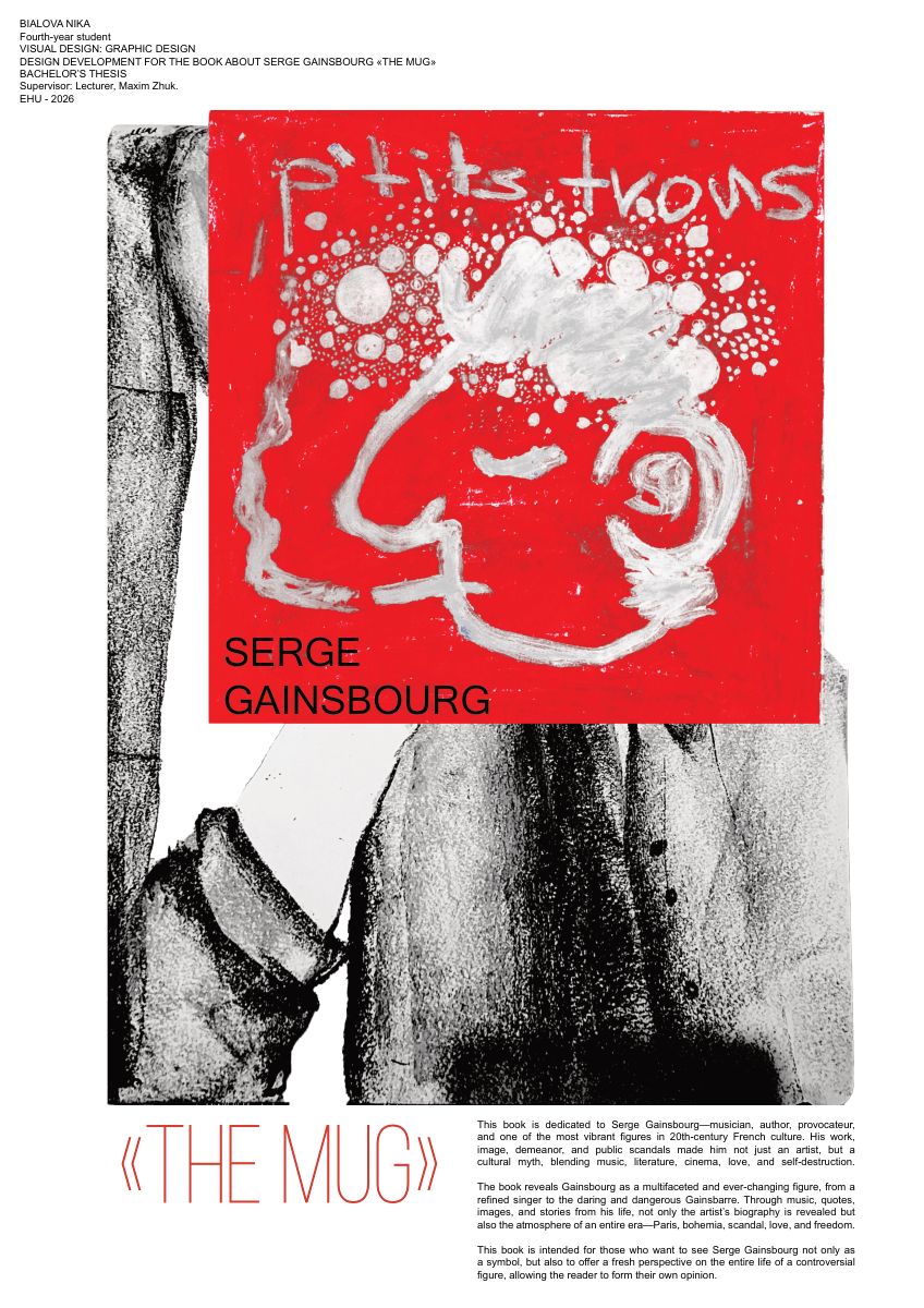 Red poster with a white painted portrait of Gainsbourg over a black and white photograph