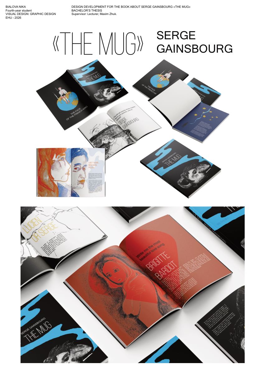 Poster with a collage of the printed book, spreads and postcards