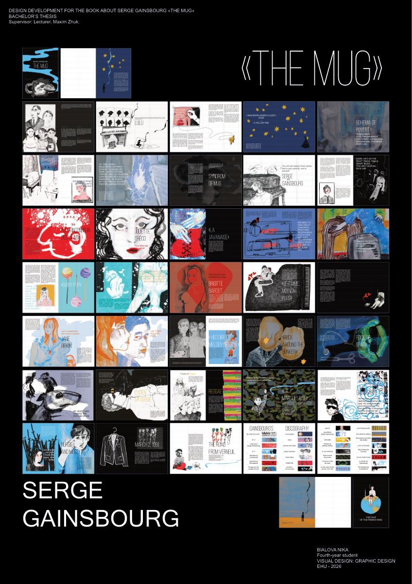 Poster showing every spread of The Mug, a book about Serge Gainsbourg, laid out in a grid on black