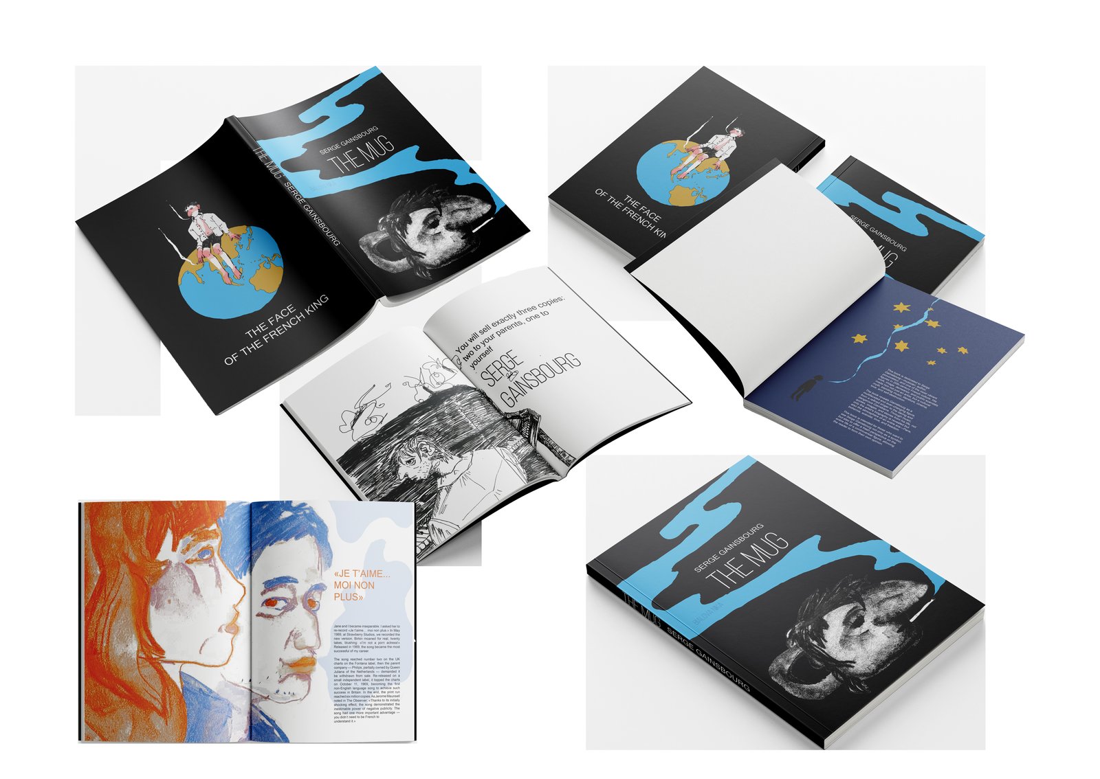 Set of black zines fanned out on a grey background