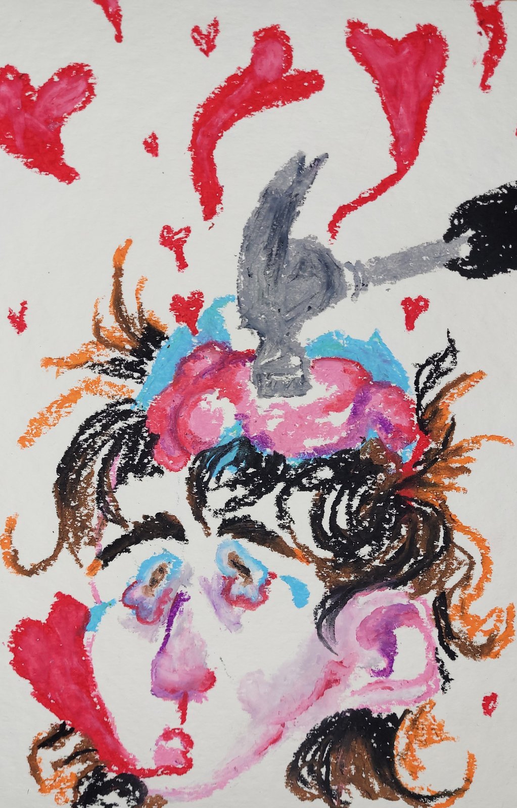 Oil pastel portrait with a hammer buried in blooming hair, red hearts around