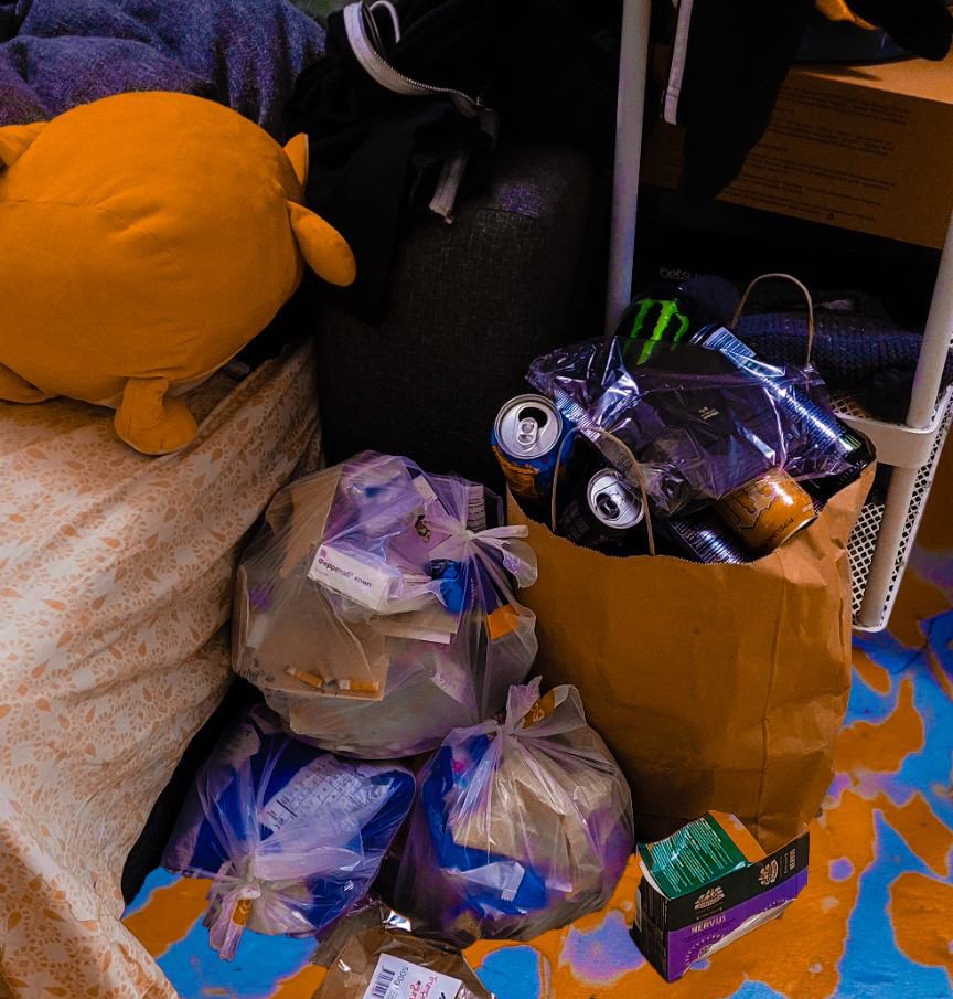 Photograph of trash bags blooming with blue paint