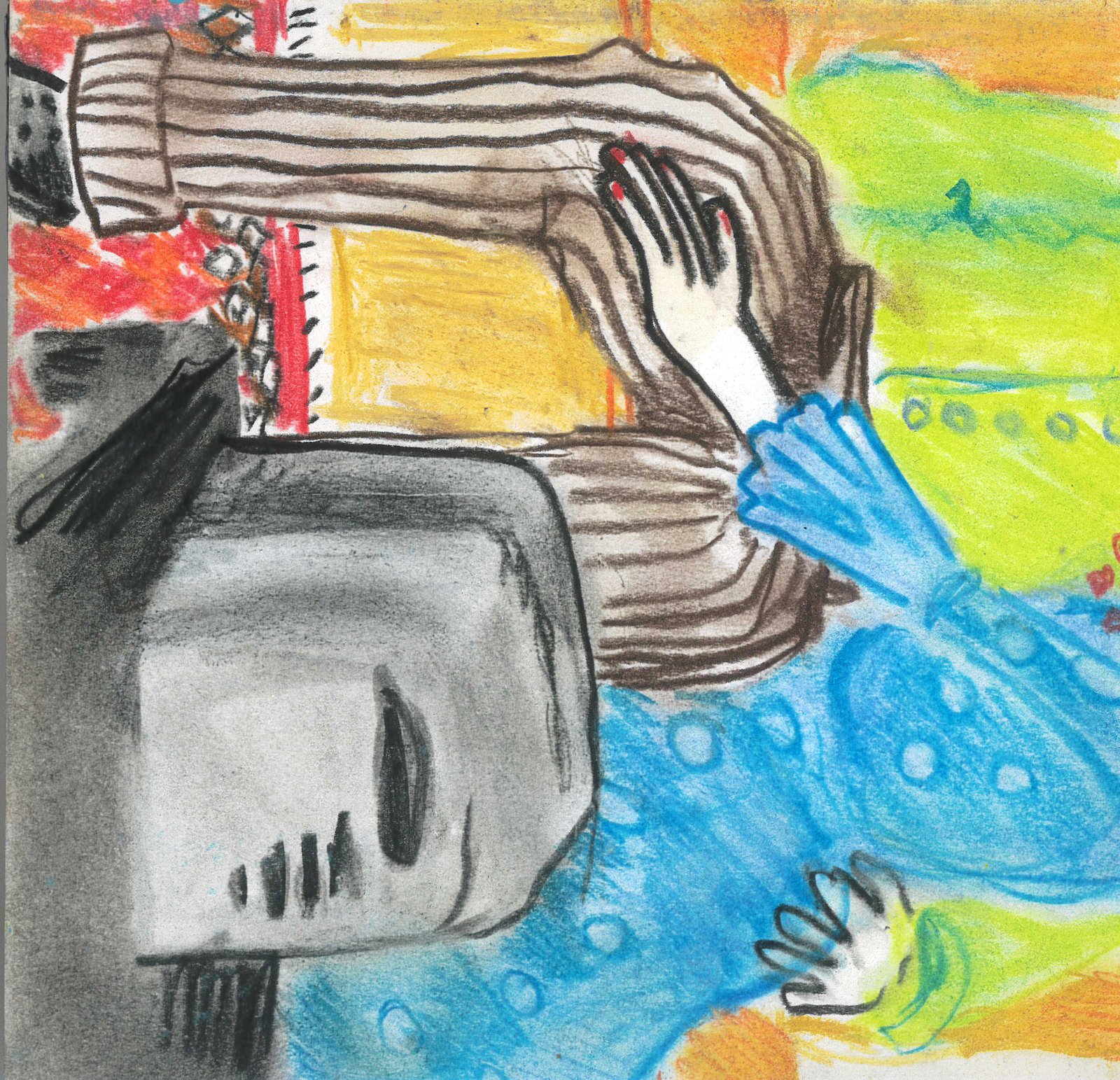 Pastel drawing of striped sleeves hugging a toaster