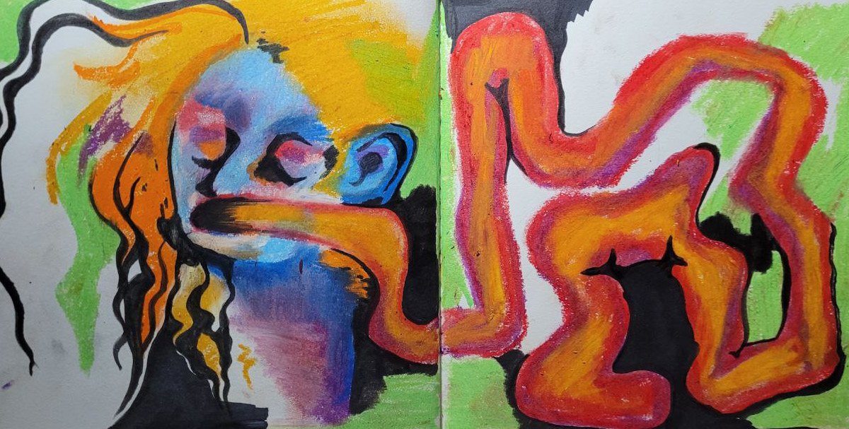 Painting of a yellow-haired figure with an orange tangle