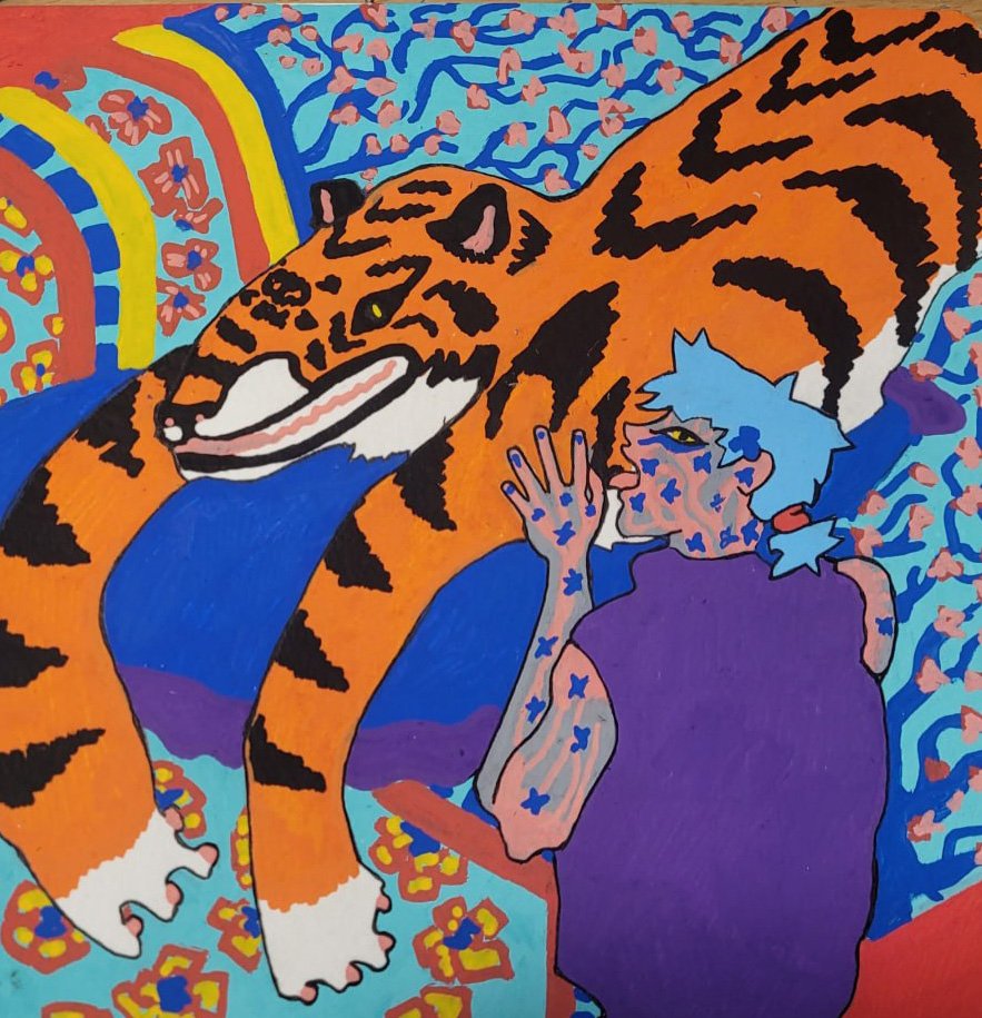 Bright painting of a tiger over a purple figure
