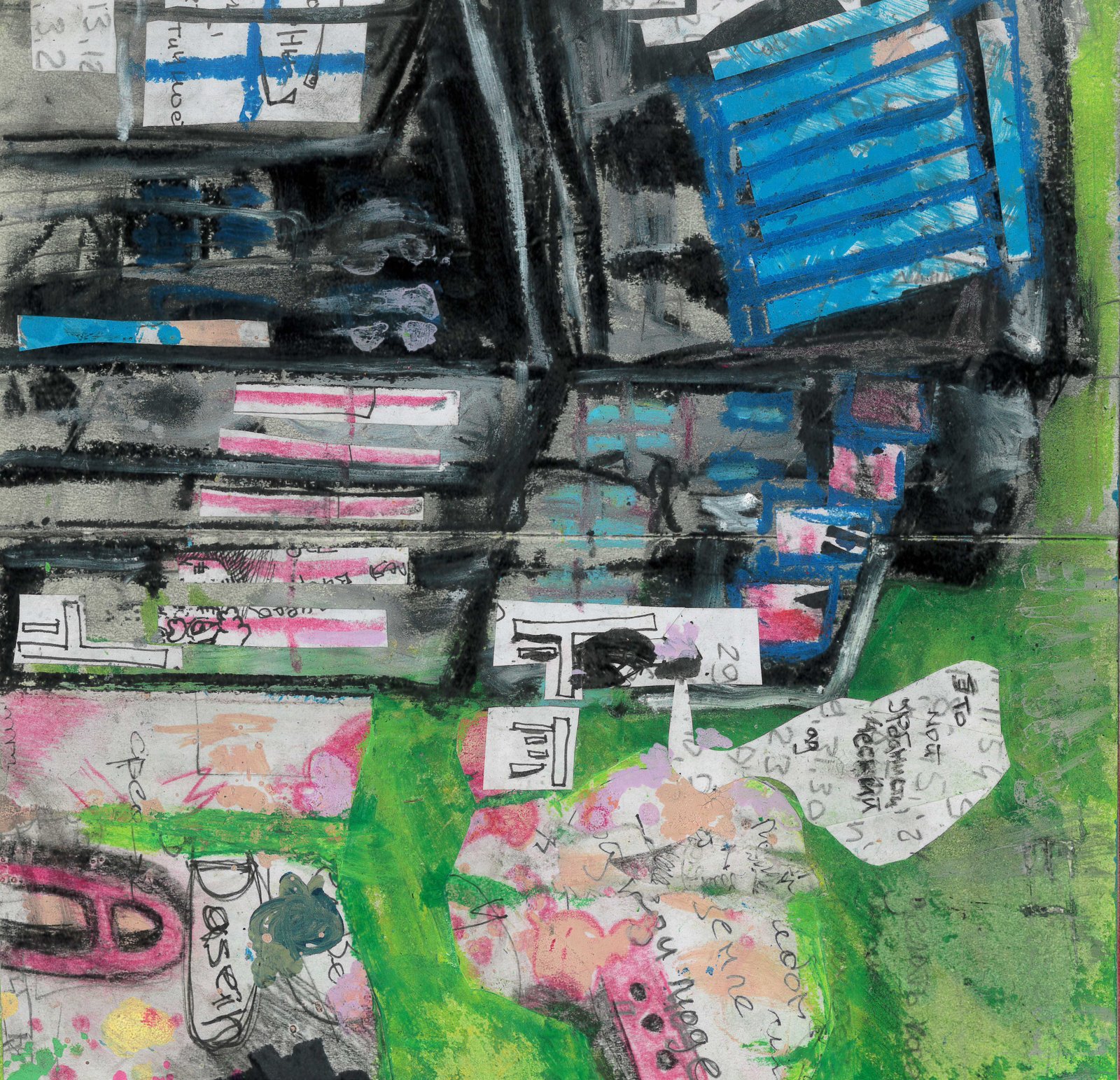 Pastel drawing of a courtyard with garages