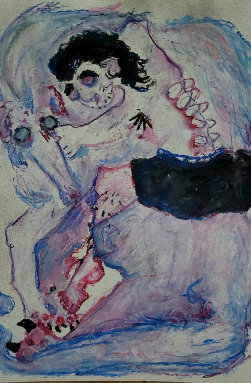 Large pastel painting of a dog-headed figure cradling a human