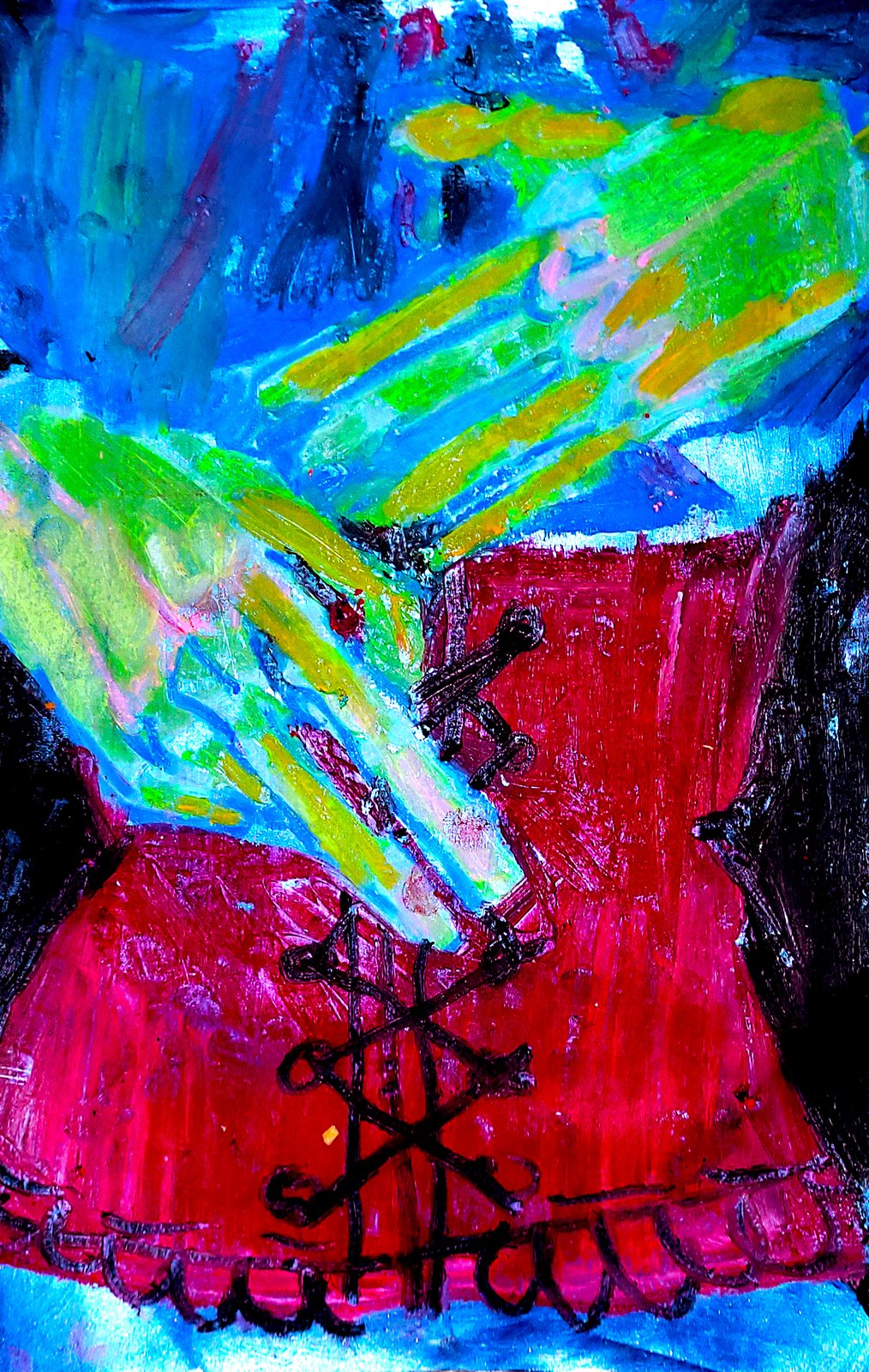 Oil pastel painting of green hands lacing a red corset on blue
