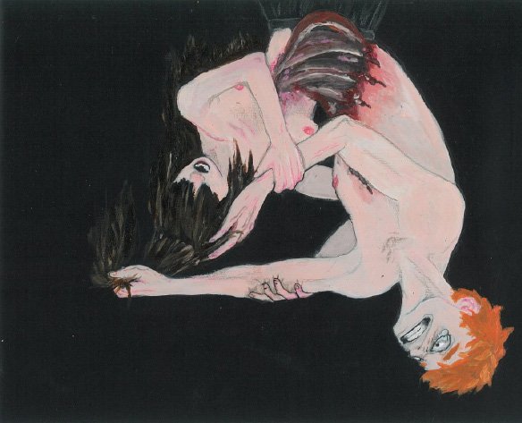 Dark painting of one figure cutting another figure's long hair