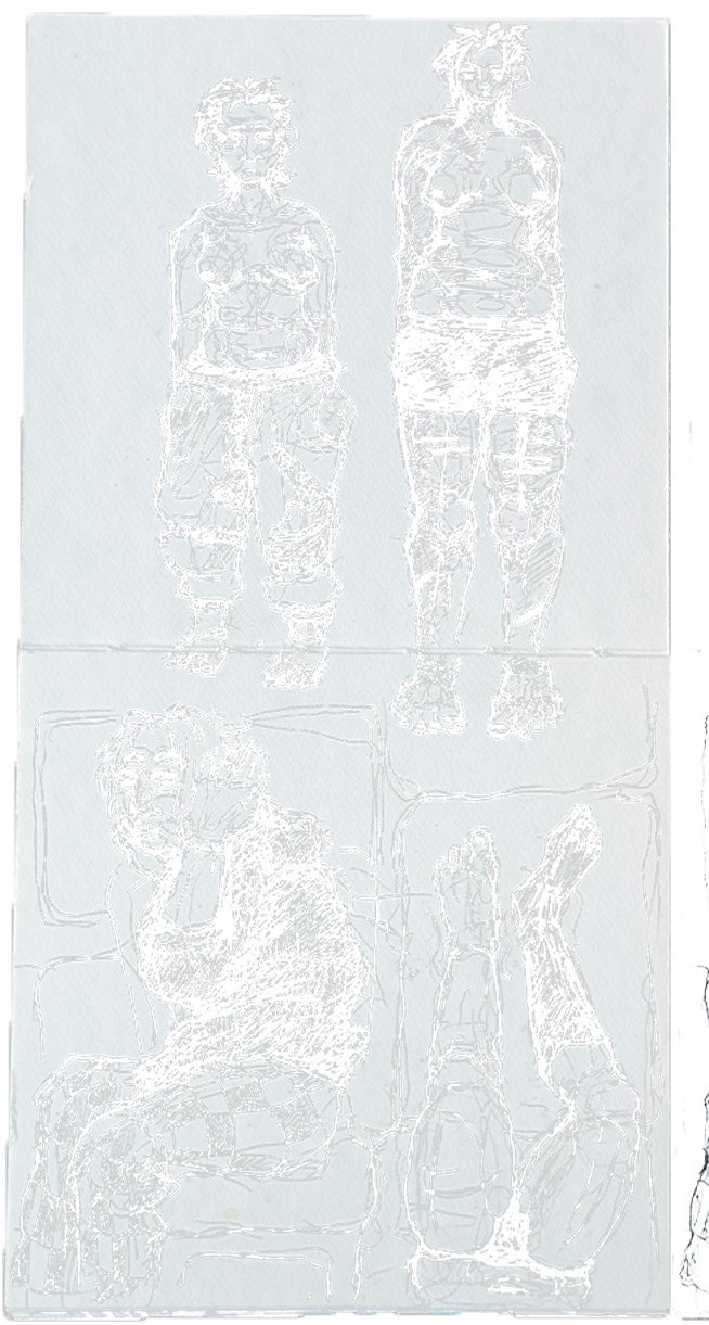 Pale embossed drawing of two standing figures