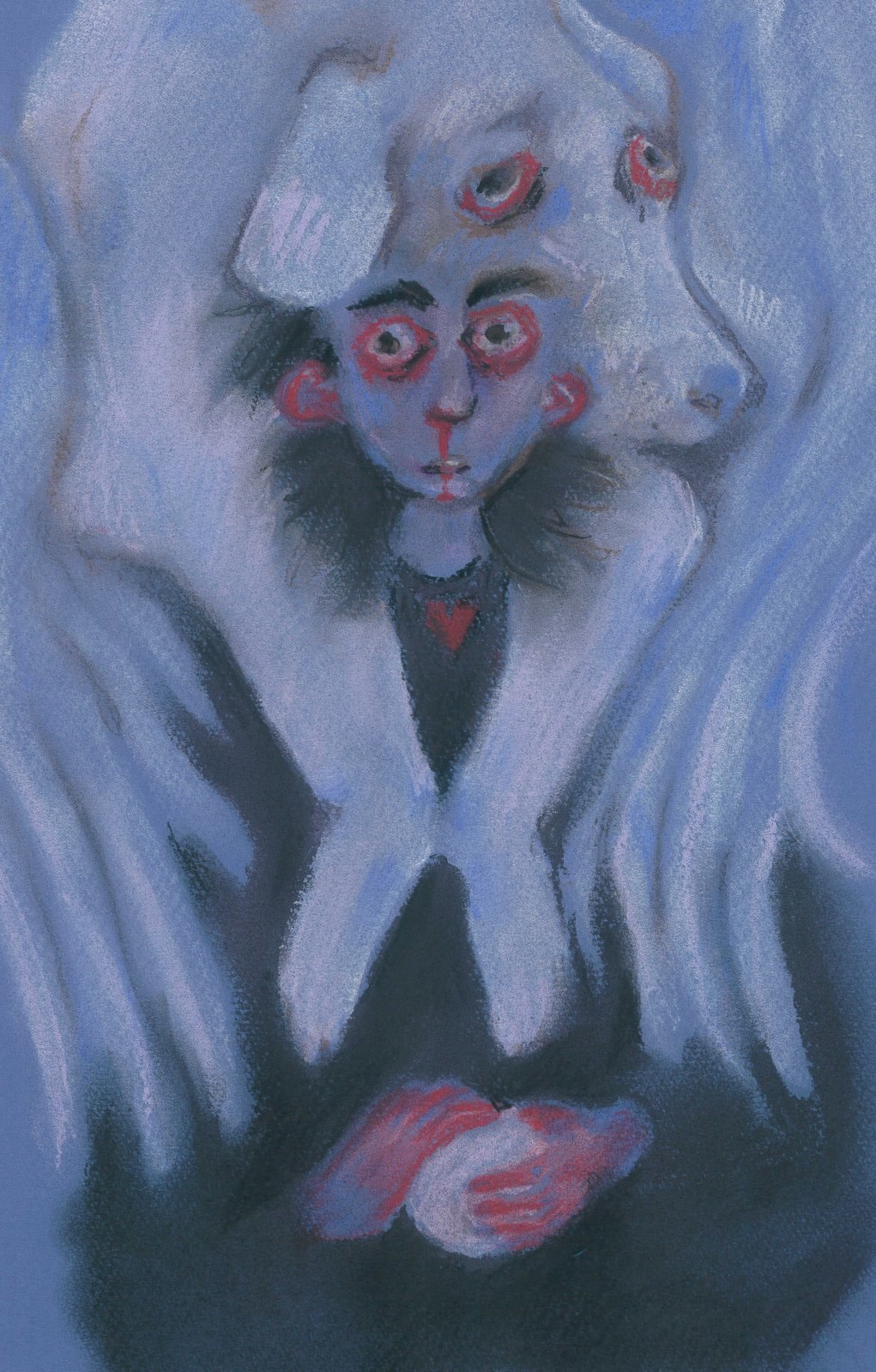 Blue pastel painting of a figure with a dog draped over their shoulders like a hood