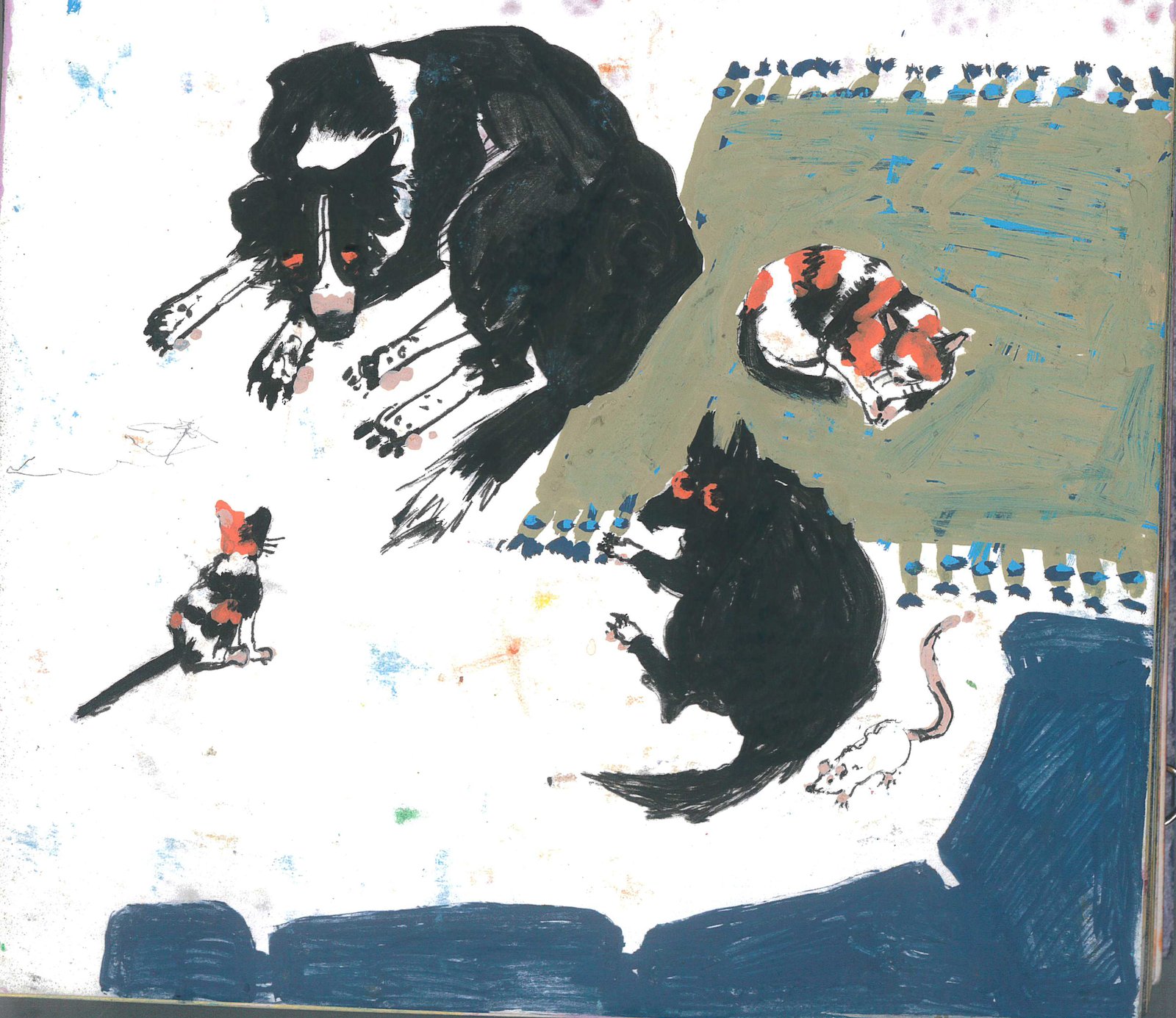 Painting of black dogs on a sofa titled Christmas