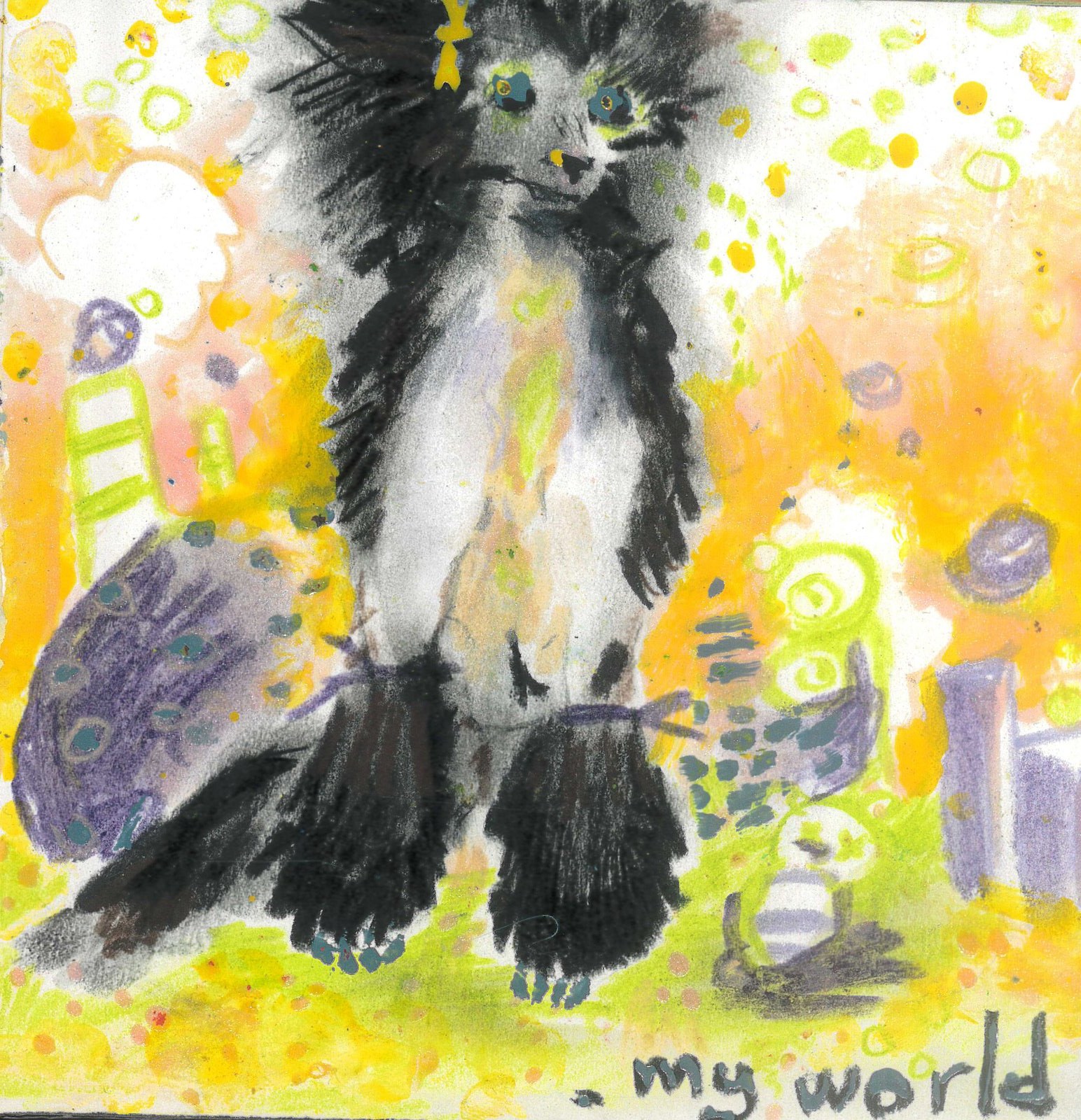 Painting of a black and white dog standing over a yellow city, titled my world